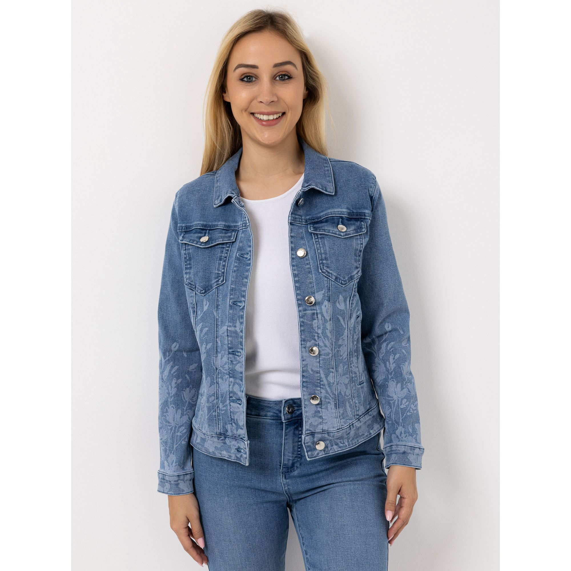 B-Ware VIA MILANO Jeansjacke Blumen-Print Brusttaschen