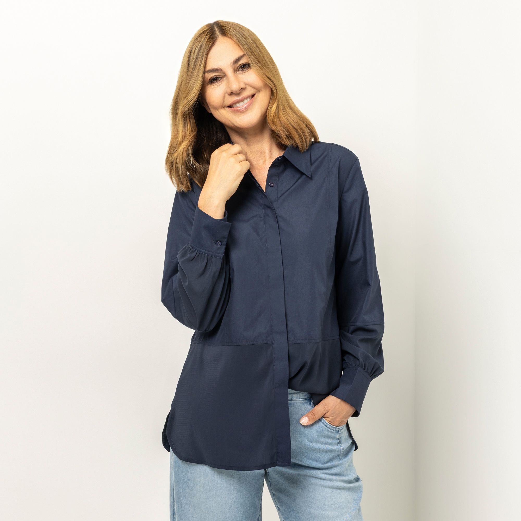 B-Ware BRUCE DARNELL Longbluse, langarm Knopfleiste Materialmix