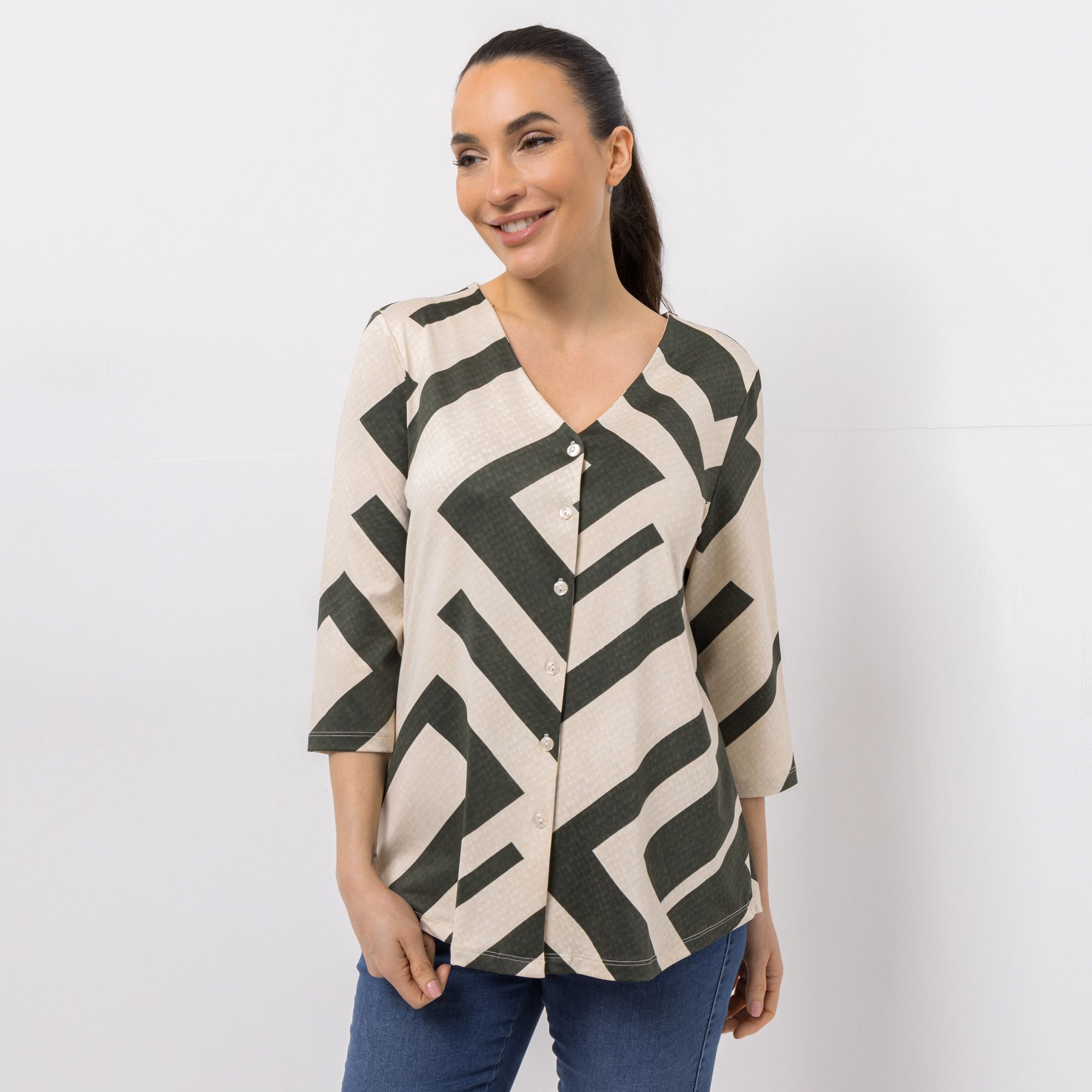 B-Ware KIM & CO. Blusen-Shirt, 3/4 Arm Brazil Knit Jersey Knopfleiste