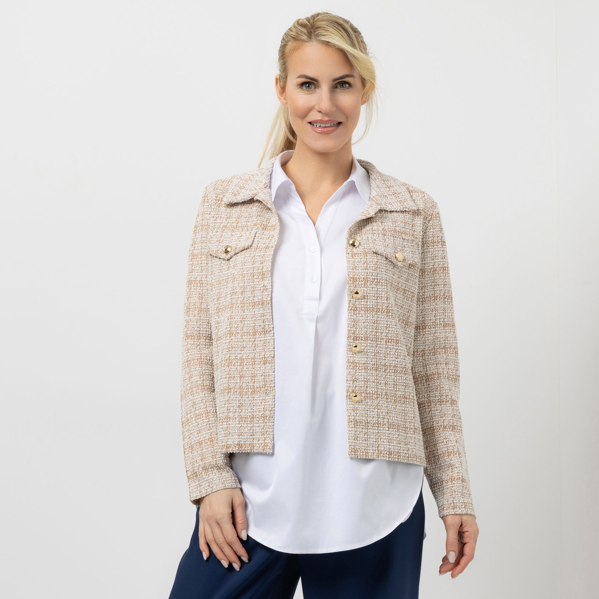 B-Ware VIA MILANO Strickblazer, 1/1-Arm Polokragen Glanzgarn-Details