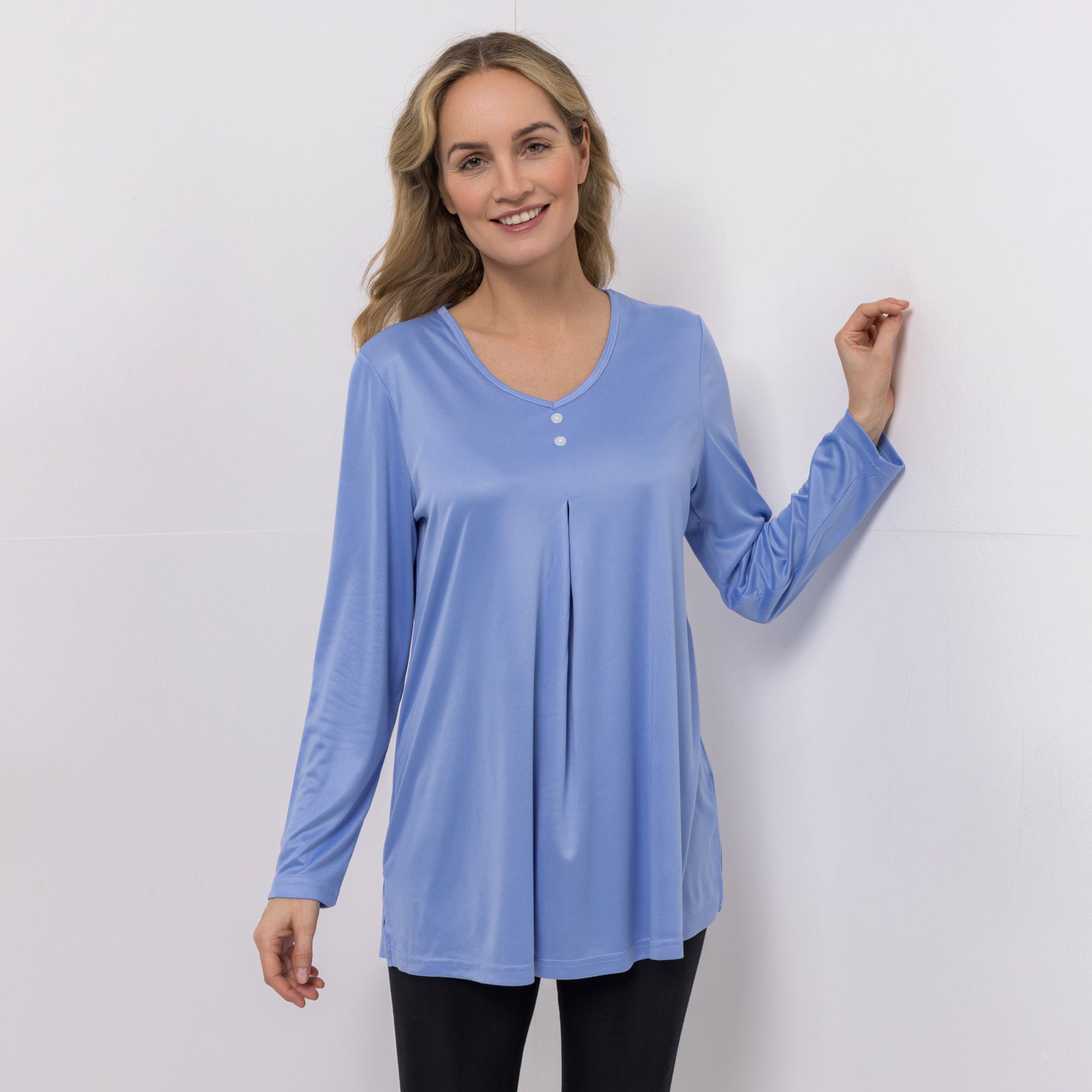 B-Ware JERYMOOD HOMEWEAR Longshirt, 1/1 Arm V-Ausschnitt Zierknöpfe