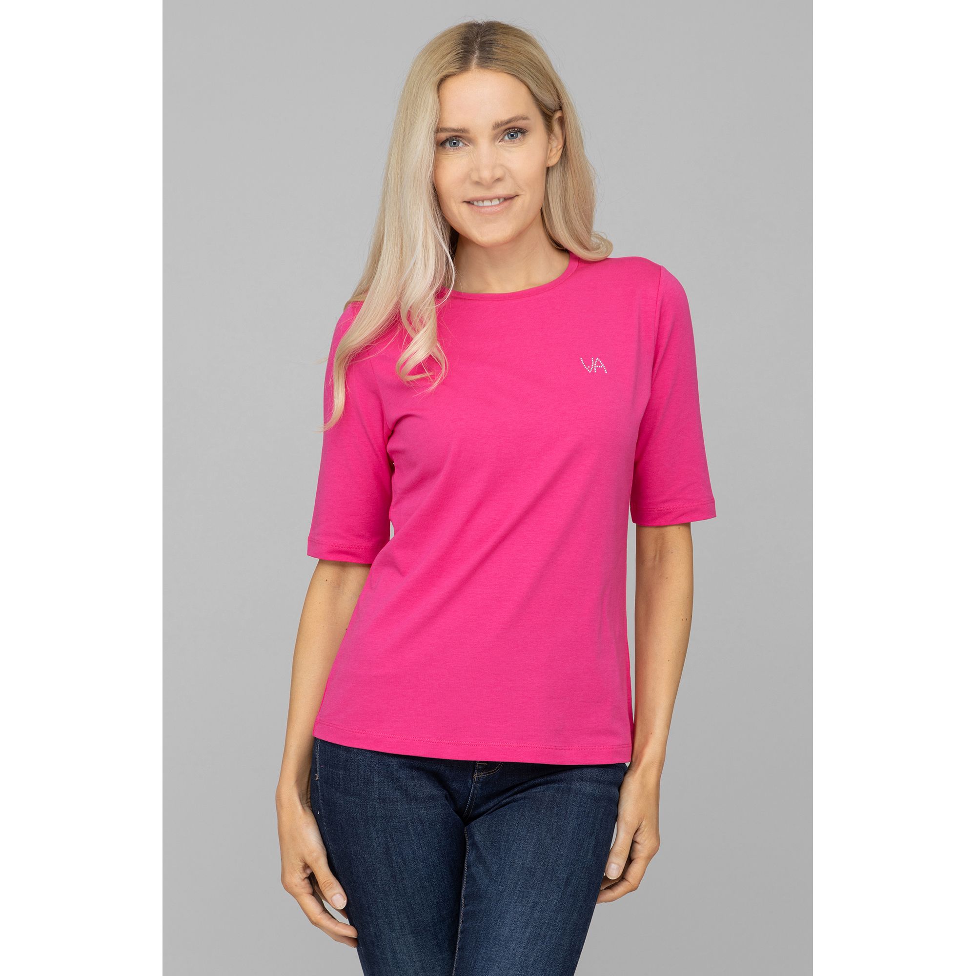 B-Ware VIA MILANO Shirt, langer Halbarm Rundhalsausschnitt Strass-Logo