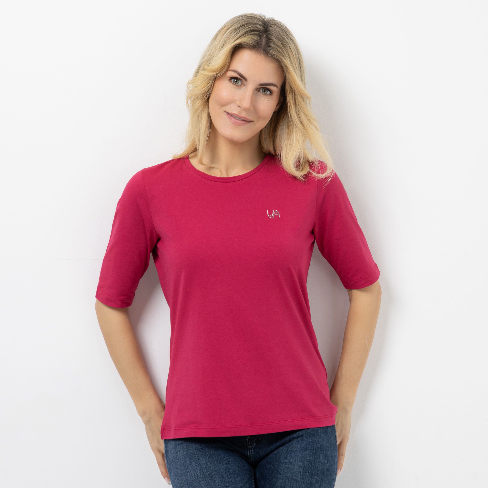 B-Ware VIA MILANO Shirt, langer Halbarm Rundhalsausschnitt Strass-Logo