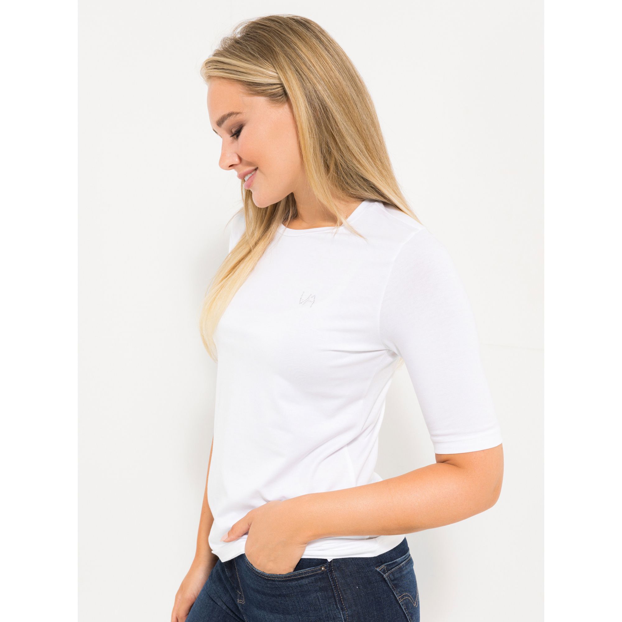 B-Ware VIA MILANO Shirt, langer Halbarm Rundhalsausschnitt Strass-Logo