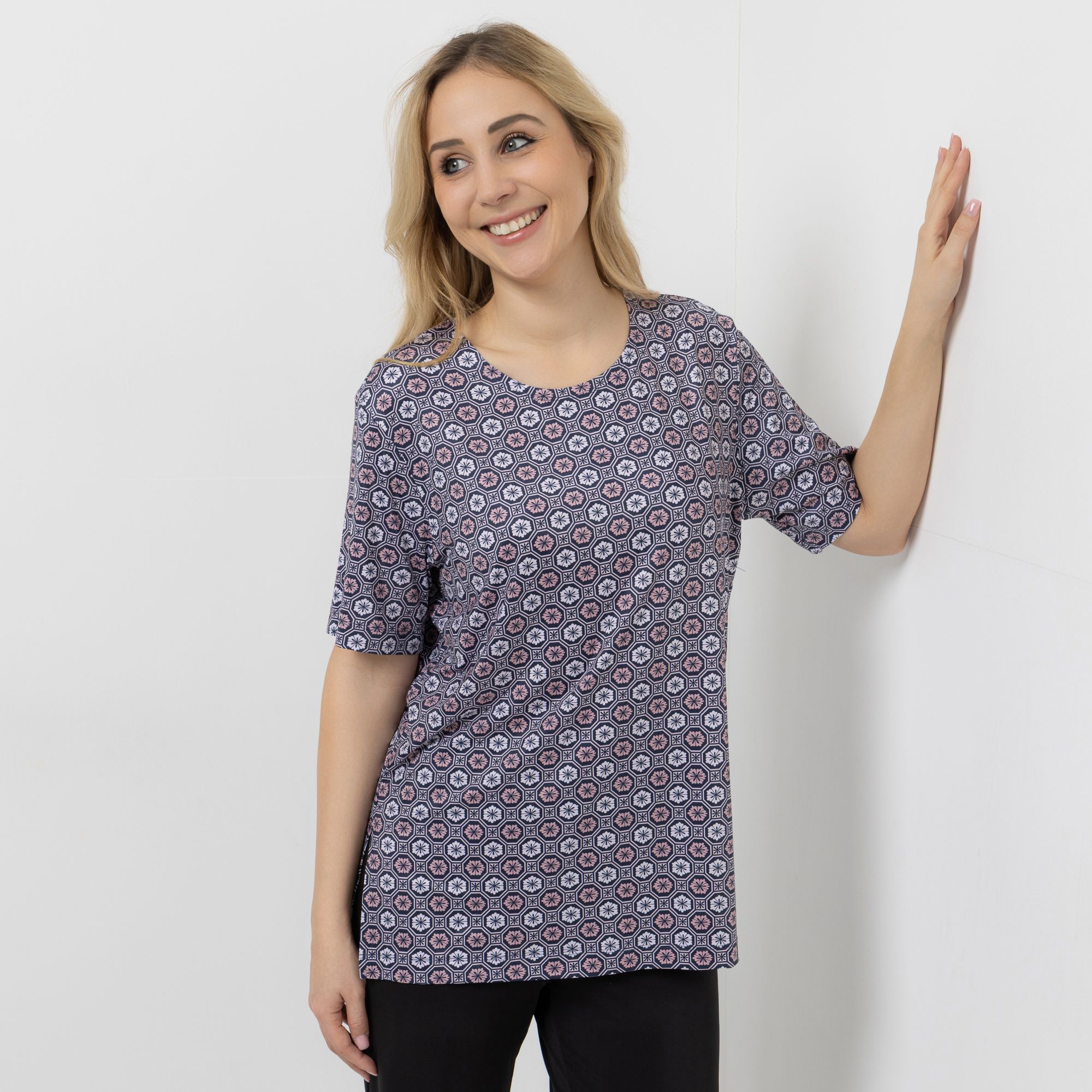 B-Ware IN-PRINT Shirt, 1/2-Arm Rundhalsausschnitt Seitenschlitze