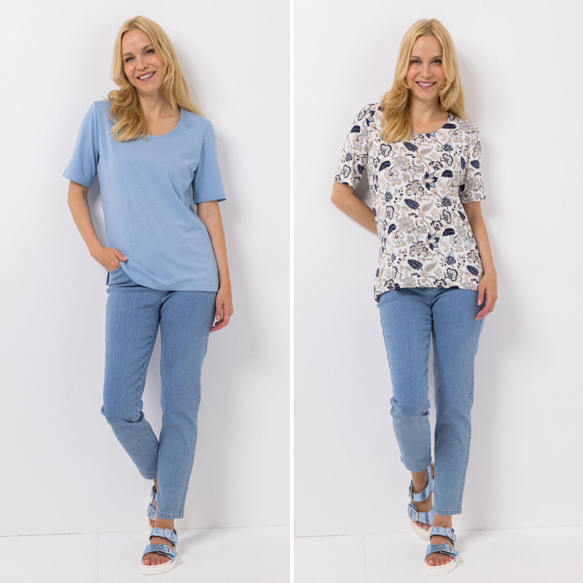 B-Ware DENIM & CO. Doppelpack Shirts Rundhalsausschnitt Seitenschlitze