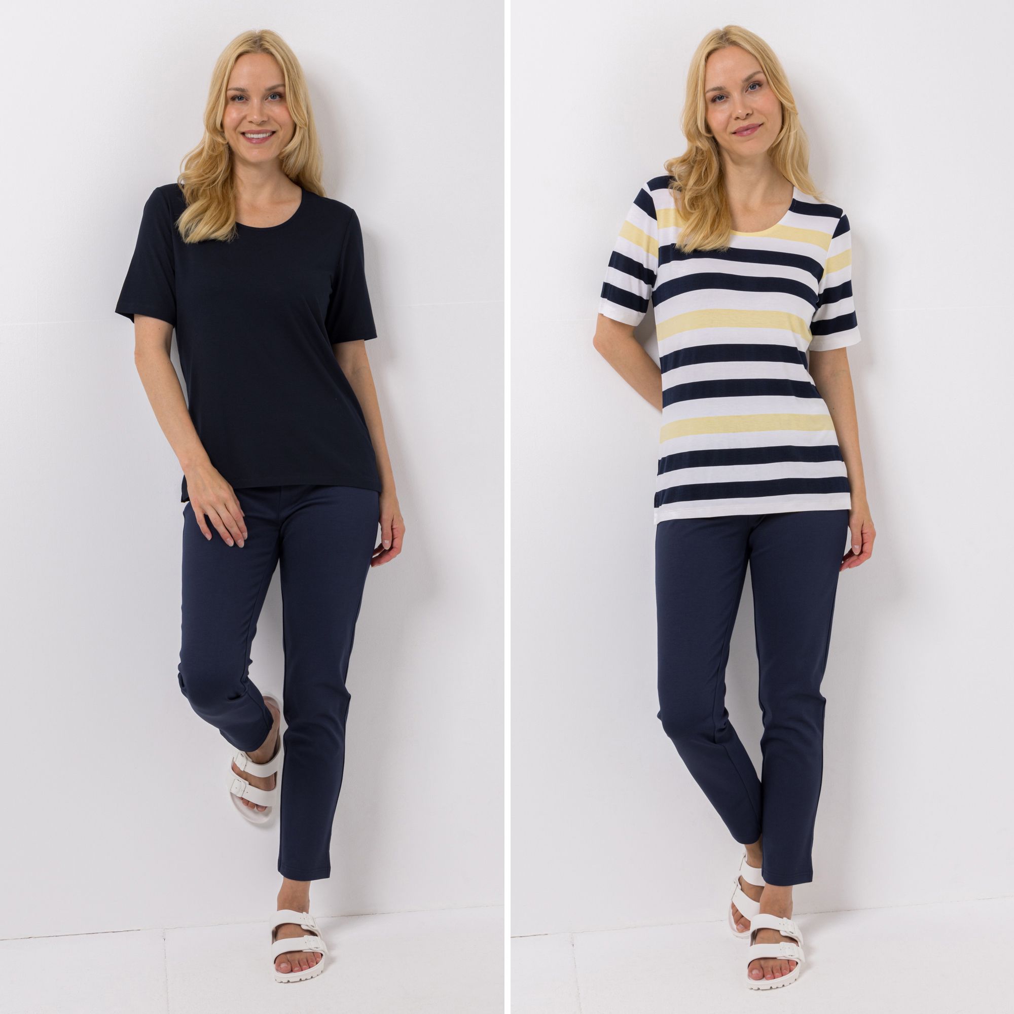 B-Ware DENIM & CO. Doppelpack Shirts Rundhalsausschnitt Seitenschlitze