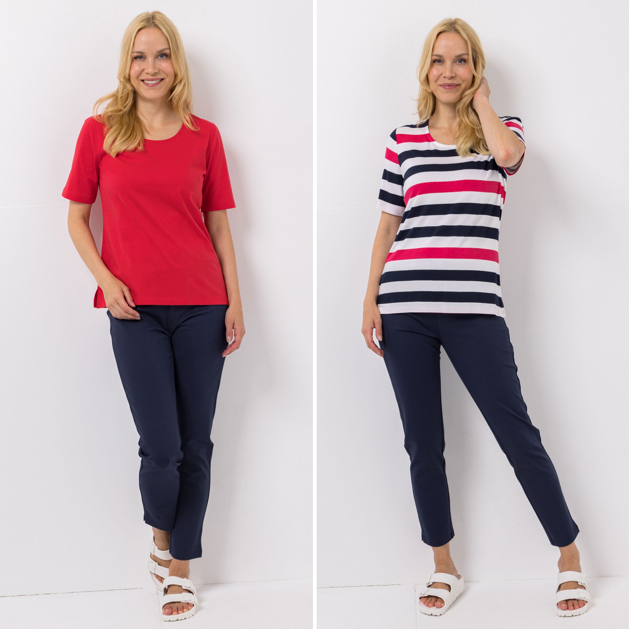 B-Ware DENIM & CO. Doppelpack Shirts Rundhalsausschnitt Seitenschlitze