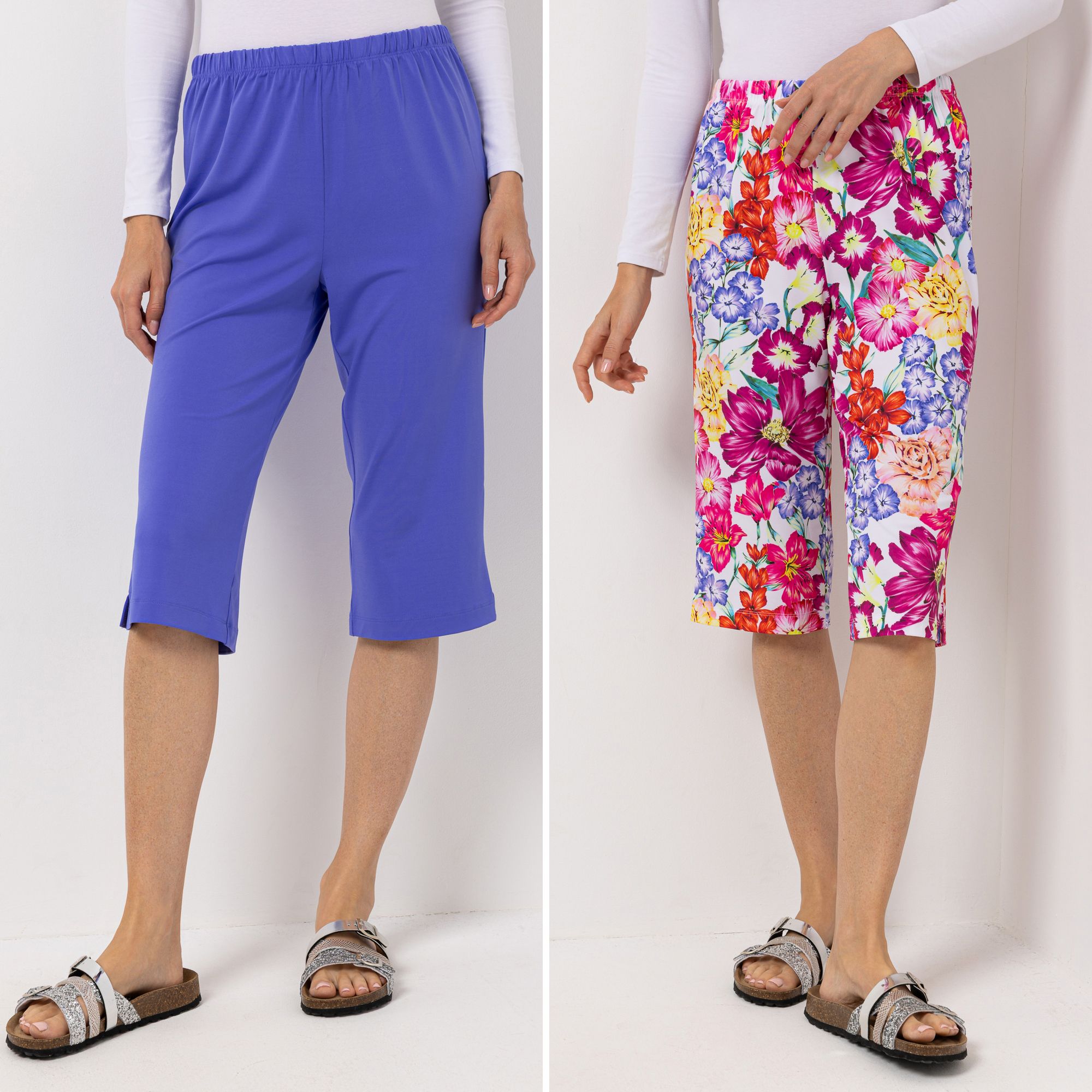 B-Ware IN-PRINT Doppelpack Capri-Hose Uni und bedruckt Rundumdehnbund