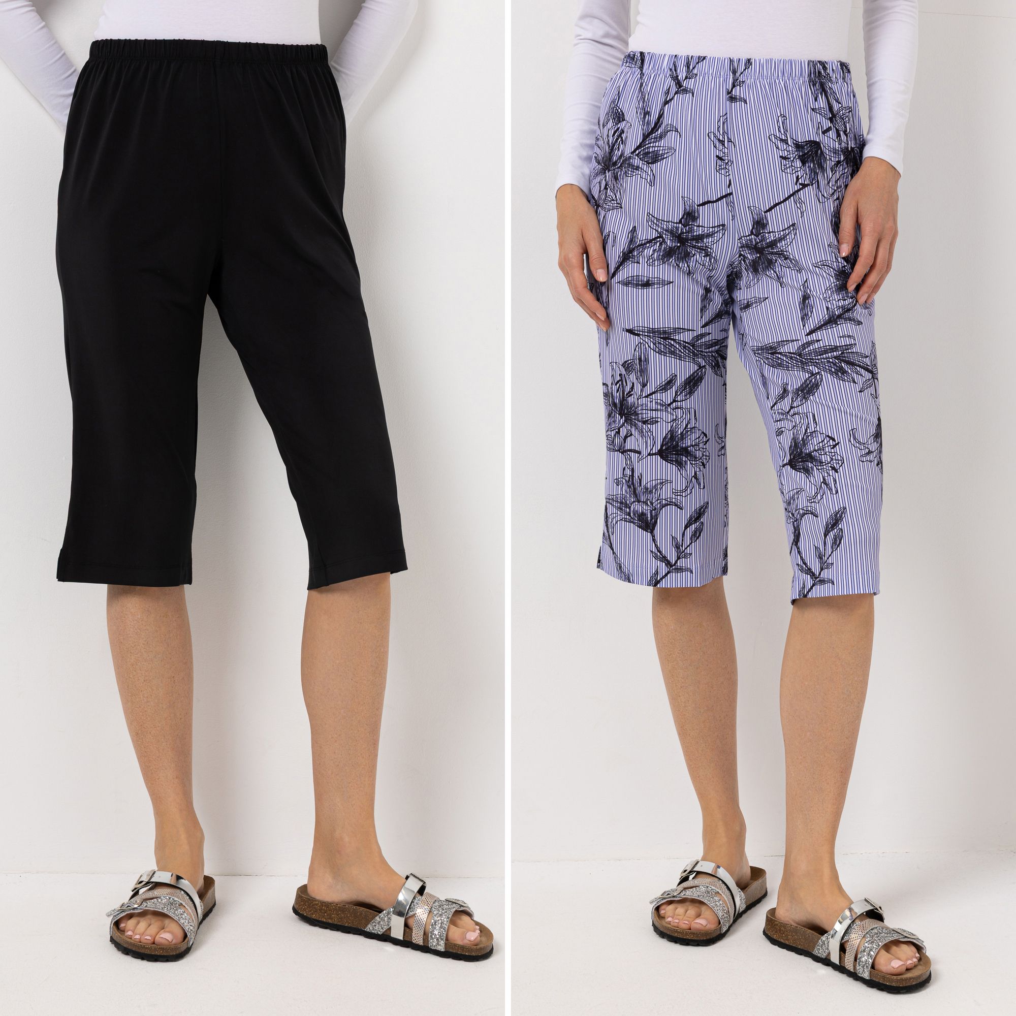 B-Ware IN-PRINT Doppelpack Capri-Hose Uni und bedruckt Rundumdehnbund