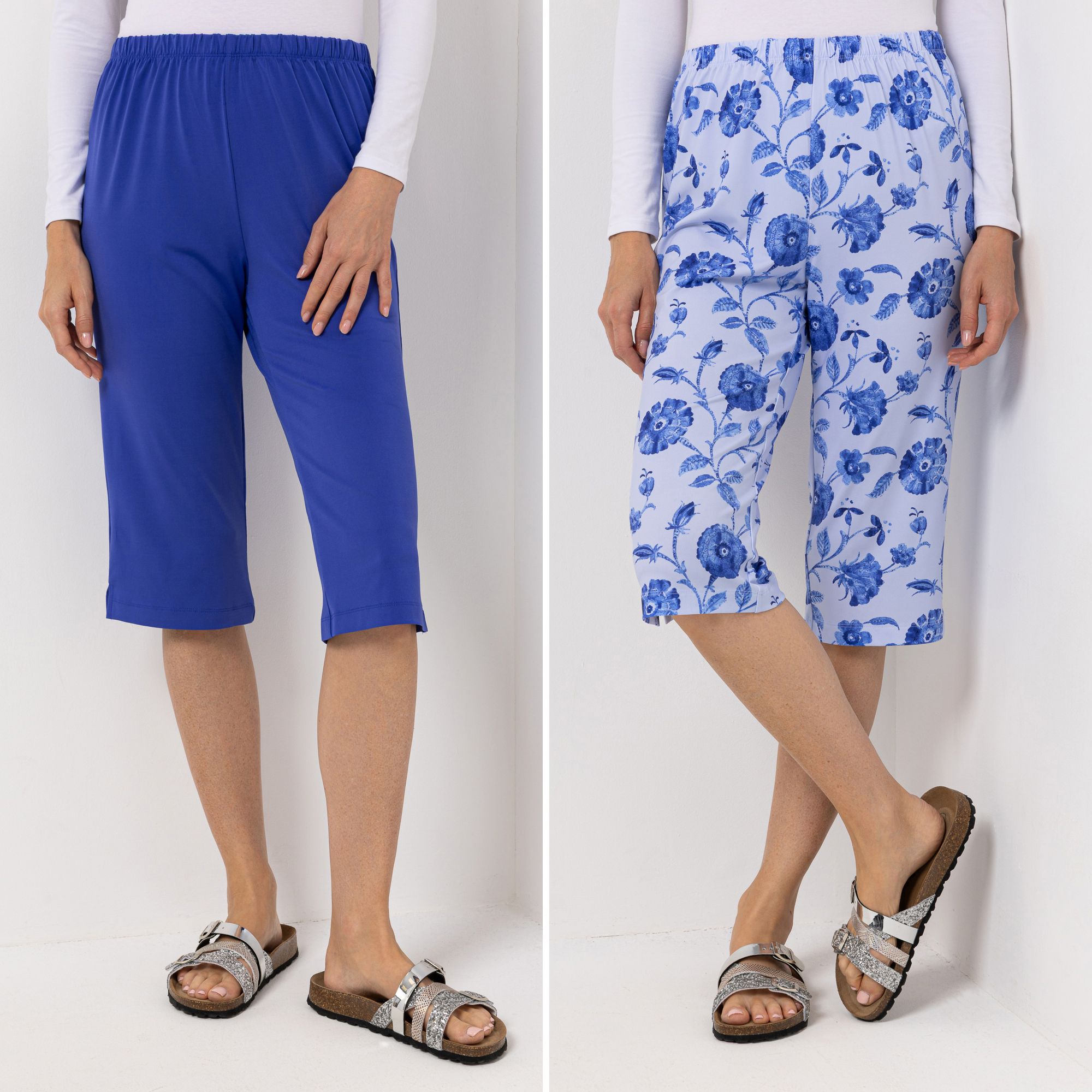 B-Ware IN-PRINT Doppelpack Capri-Hose Uni und bedruckt Rundumdehnbund