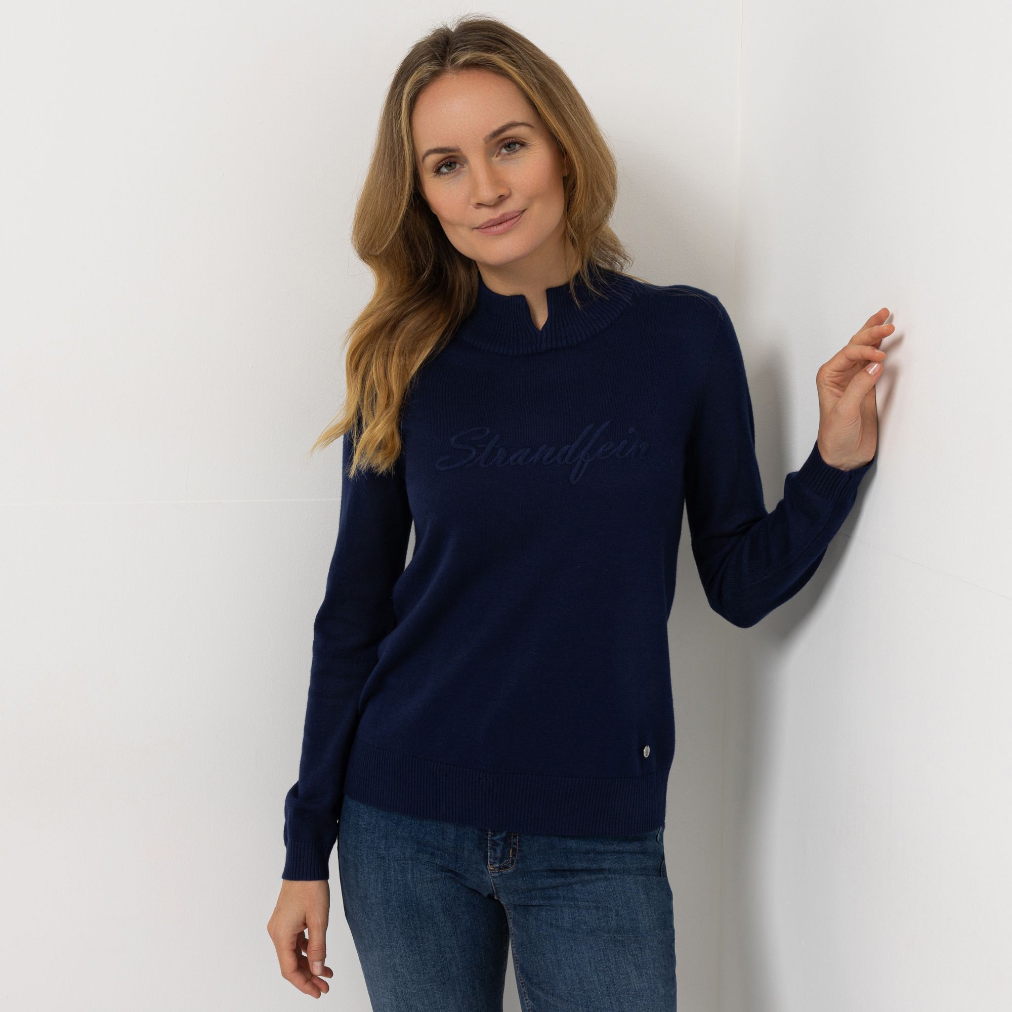 B-Ware STRANDFEIN Pullover, Steh- kragen mit Schlitz Logo-Stickerei