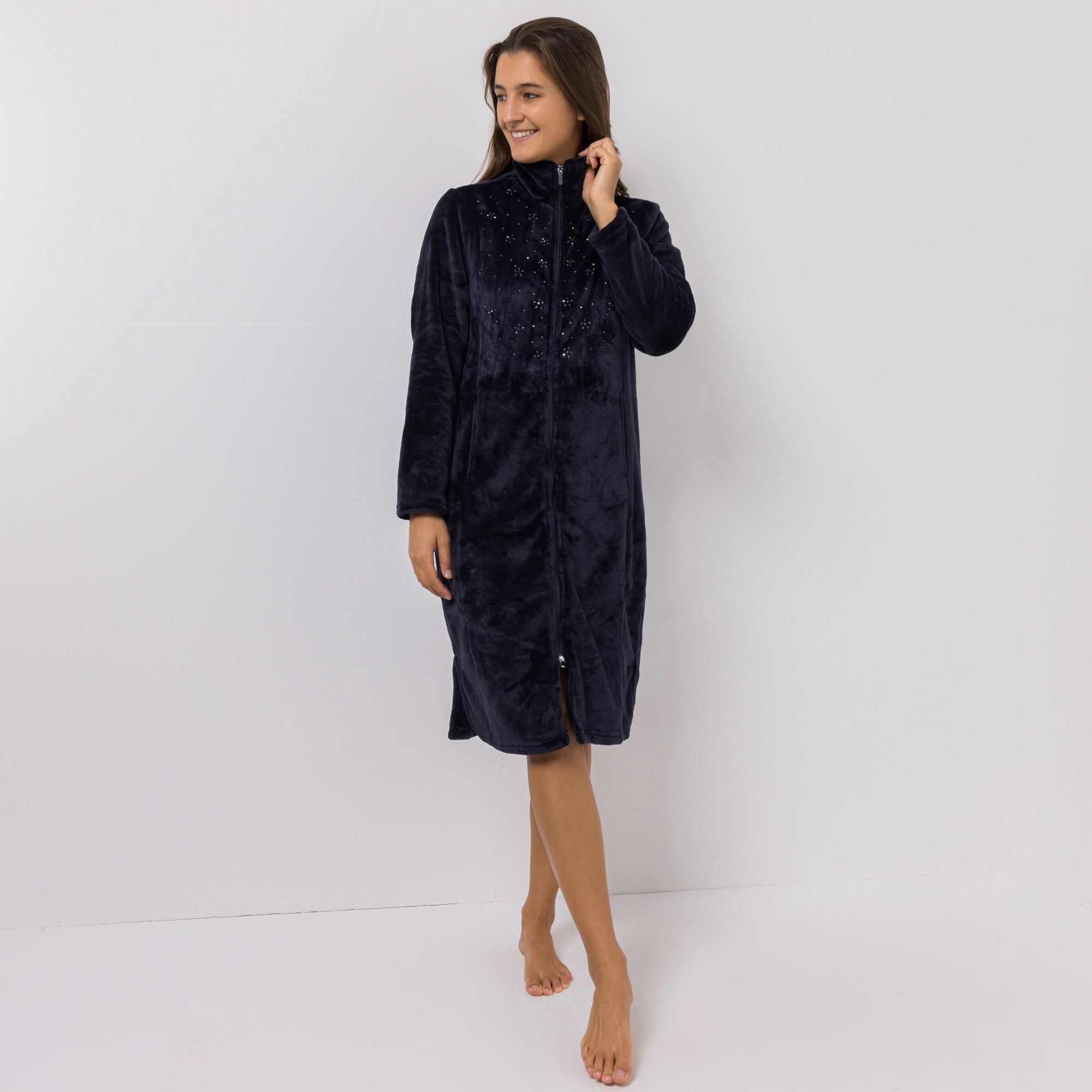 B-Ware MONT CHALET Damen-Hauskleid uni Strasssteine Mikrofaser Chinchilla