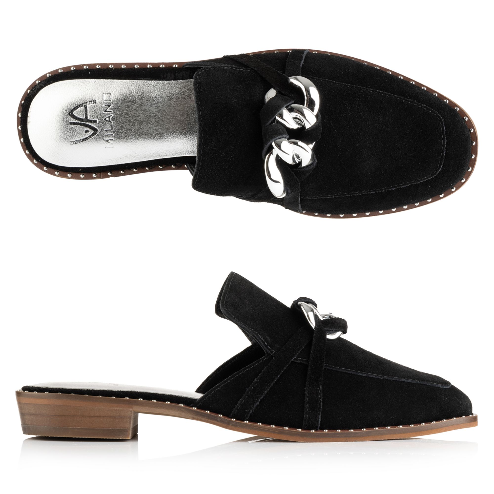 B-Ware VIA MILANO Damen-Slipper echt Leder Ketten-Detail