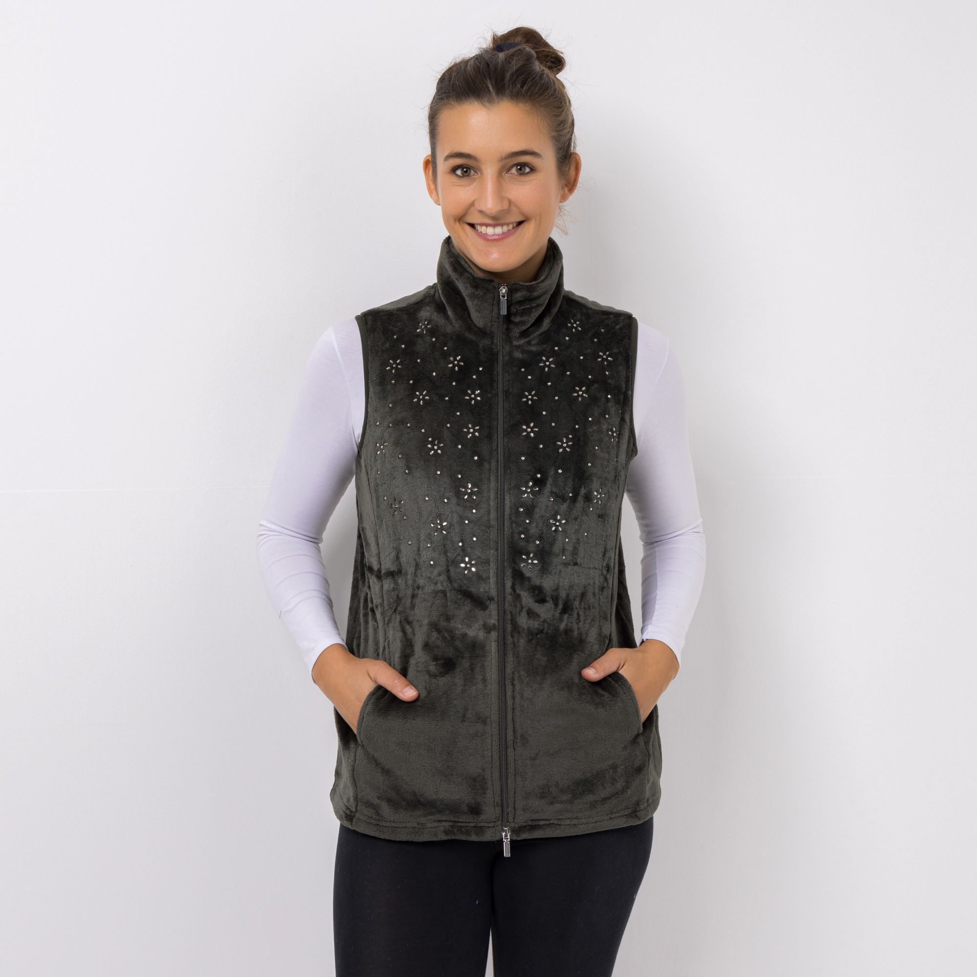 B-Ware MONT CHALET Damen-Weste uni Strasssteine Mikrofaser Chinchilla