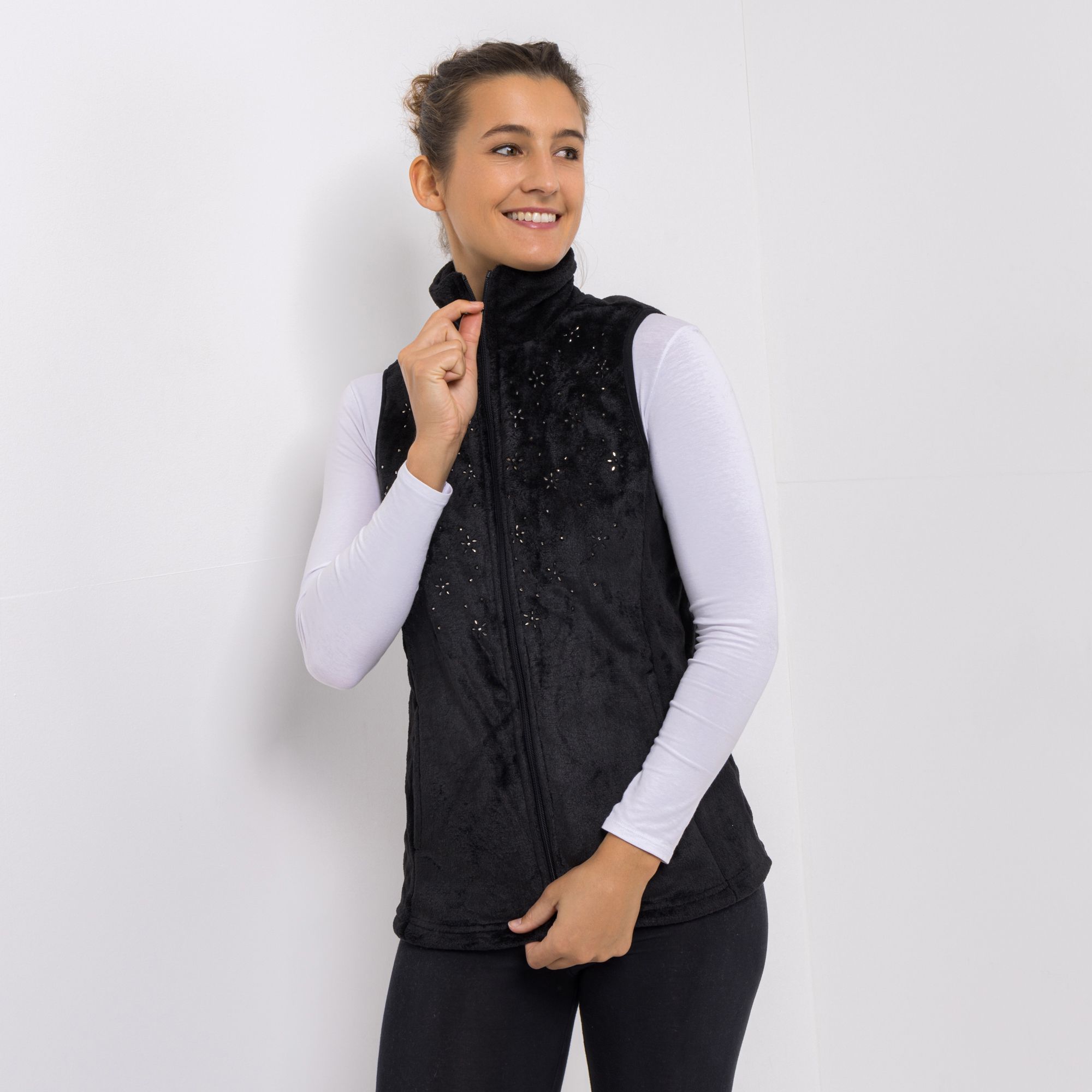 B-Ware MONT CHALET Damen-Weste uni Strasssteine Mikrofaser Chinchilla