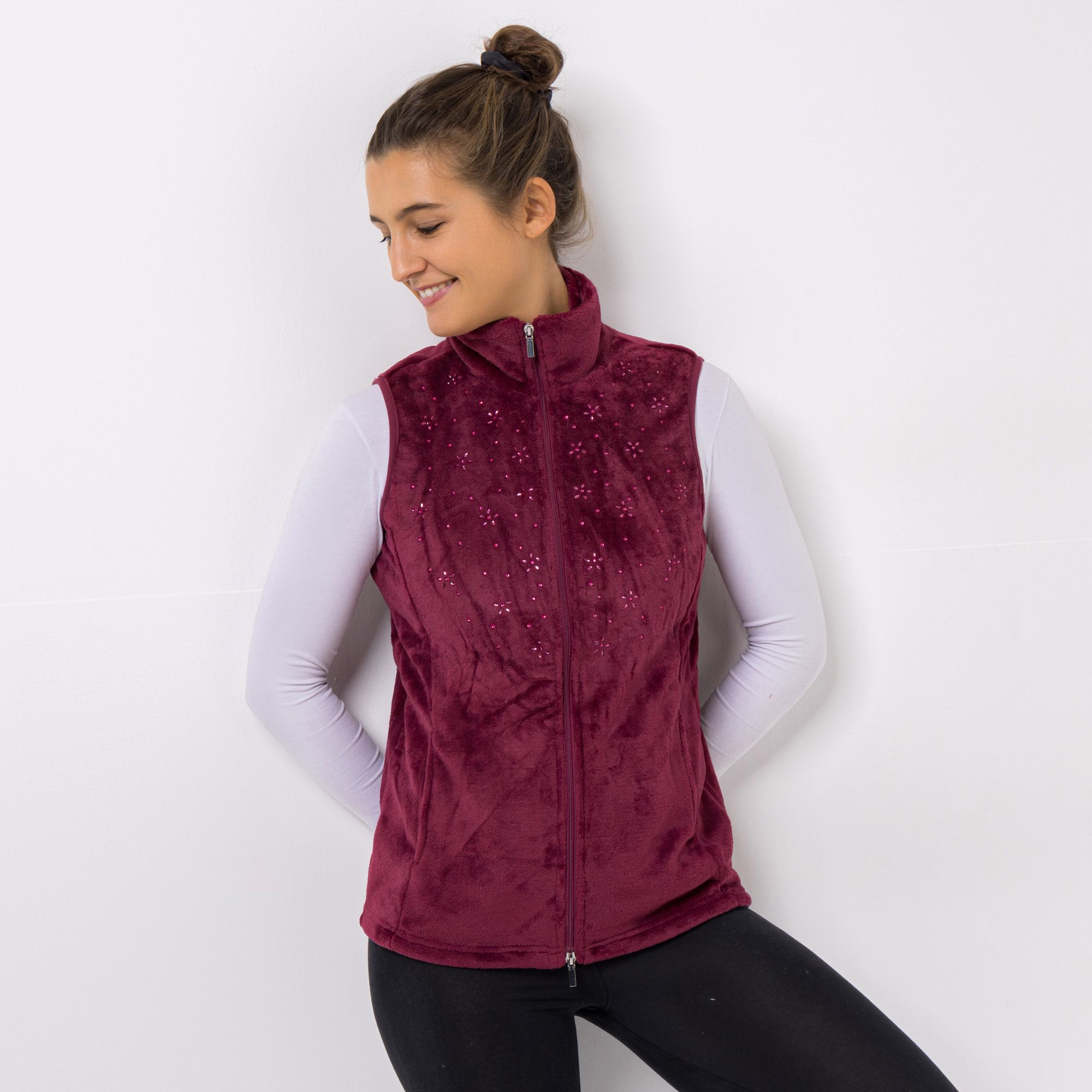 B-Ware MONT CHALET Damen-Weste uni Strasssteine Mikrofaser Chinchilla