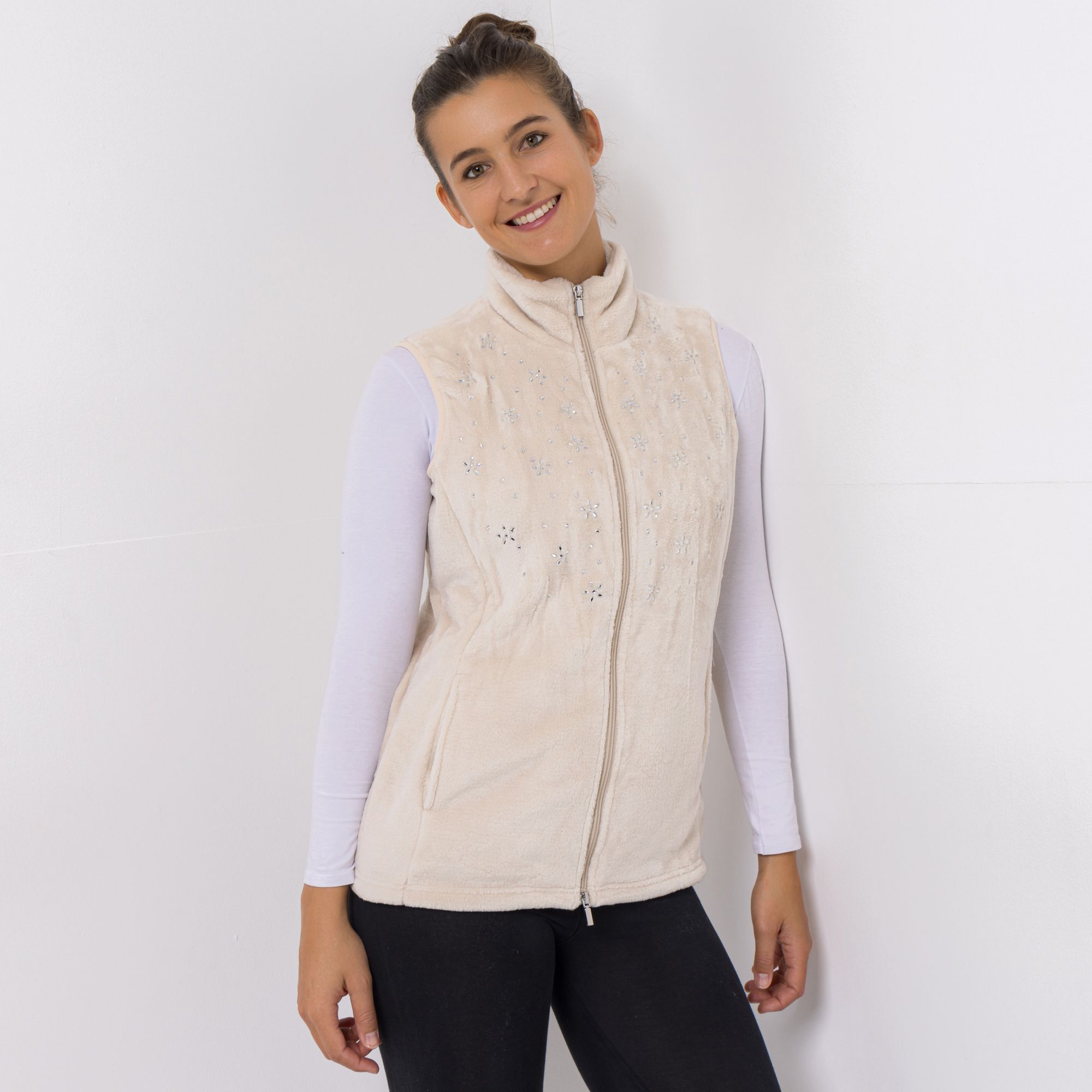 B-Ware MONT CHALET Damen-Weste uni Strasssteine Mikrofaser Chinchilla