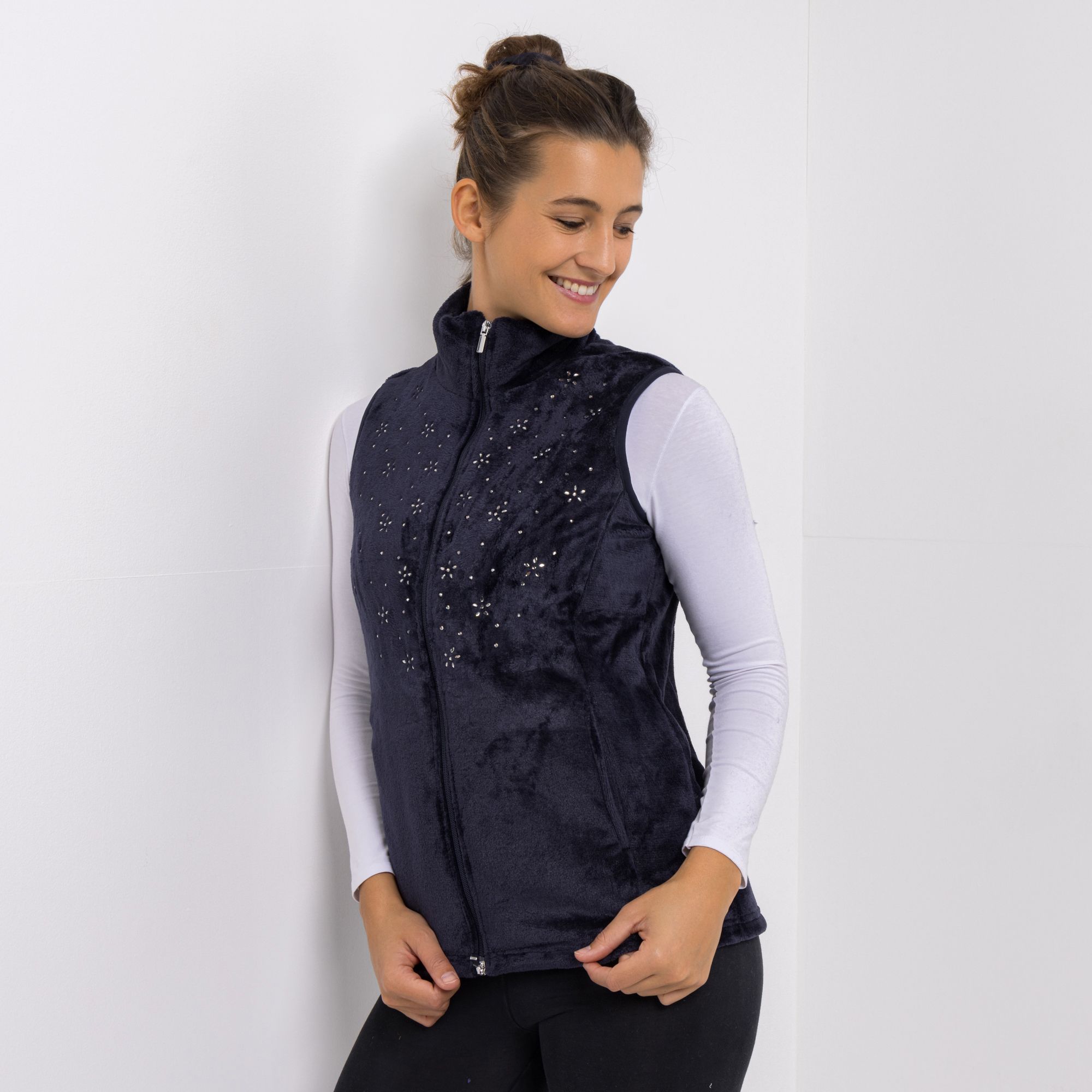 B-Ware MONT CHALET Damen-Weste uni Strasssteine Mikrofaser Chinchilla