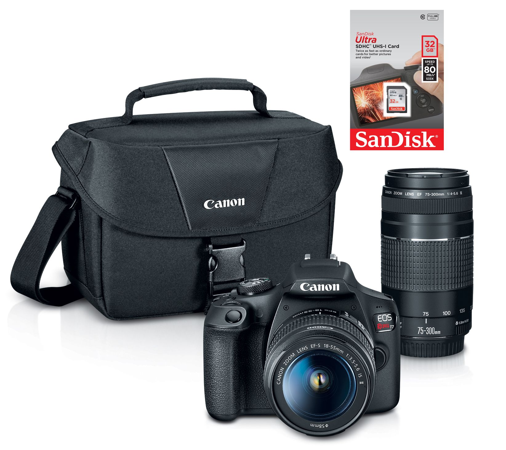 Canon Rebel T7 24MP DSLR Wi Fi Camera W 18 55 75 300mm Lens Bag SD 