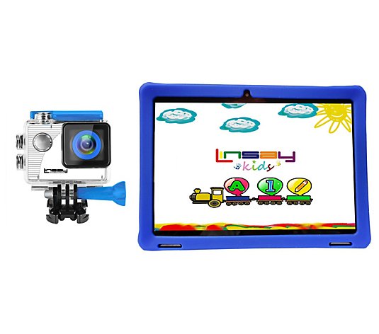 LINSAY 10" IPS Android 12 Tab w/ Kids Case & Action Camera