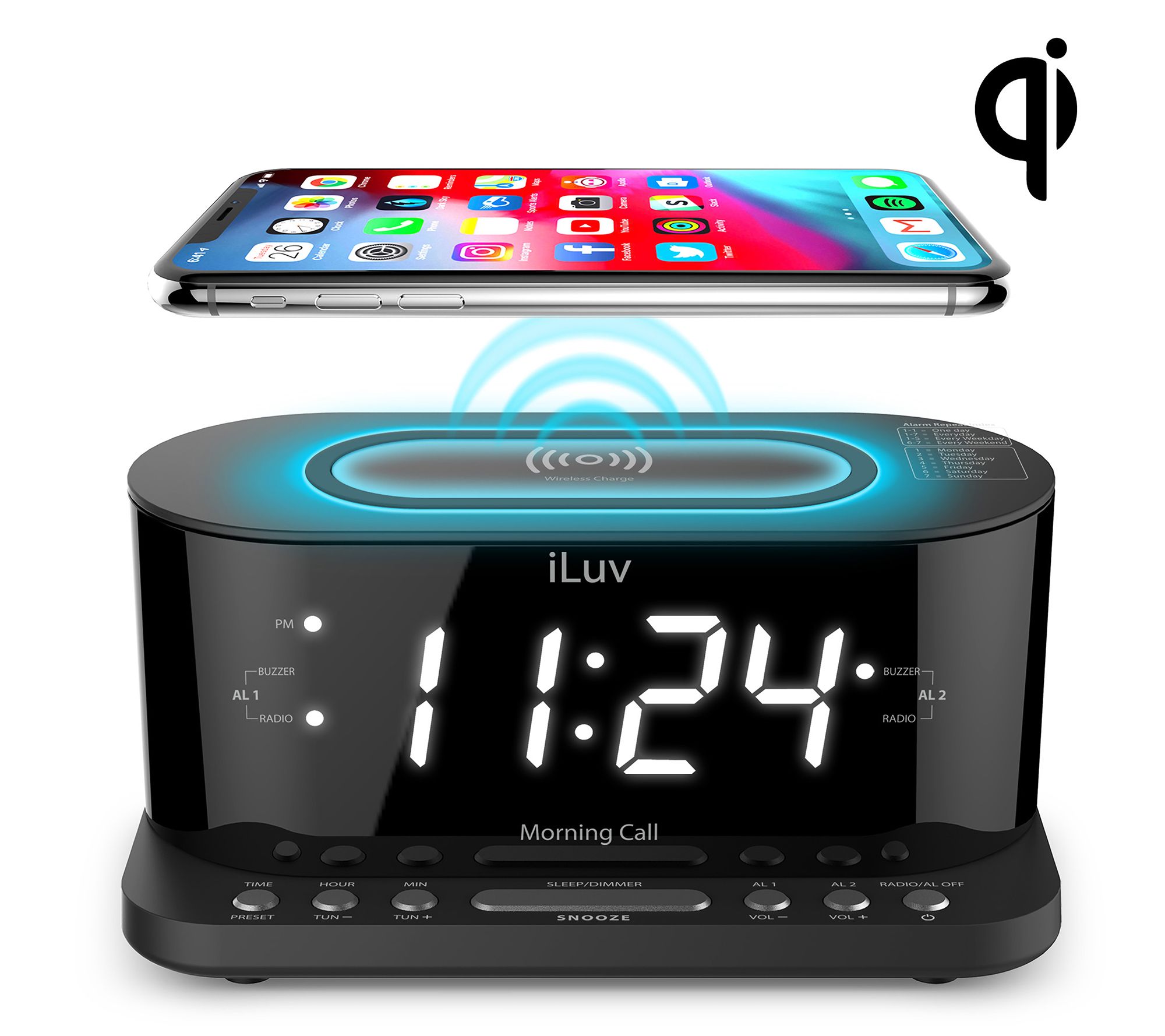 iLuv Morning Call 5 Alarm Clock with Qi Charging, FM Radio
