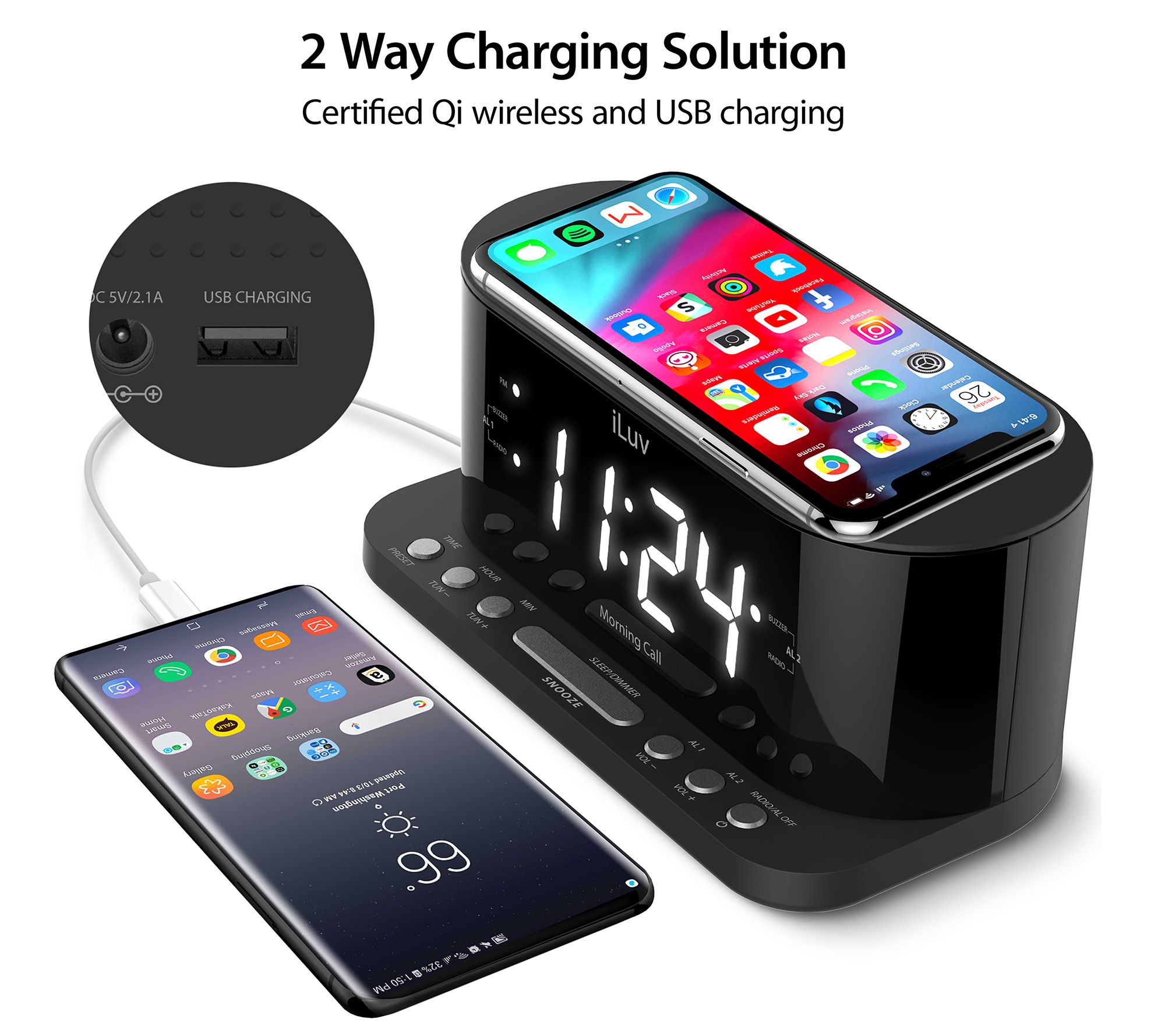 iLuv Morning Call 5 Alarm Clock with Qi Charging, FM Radio