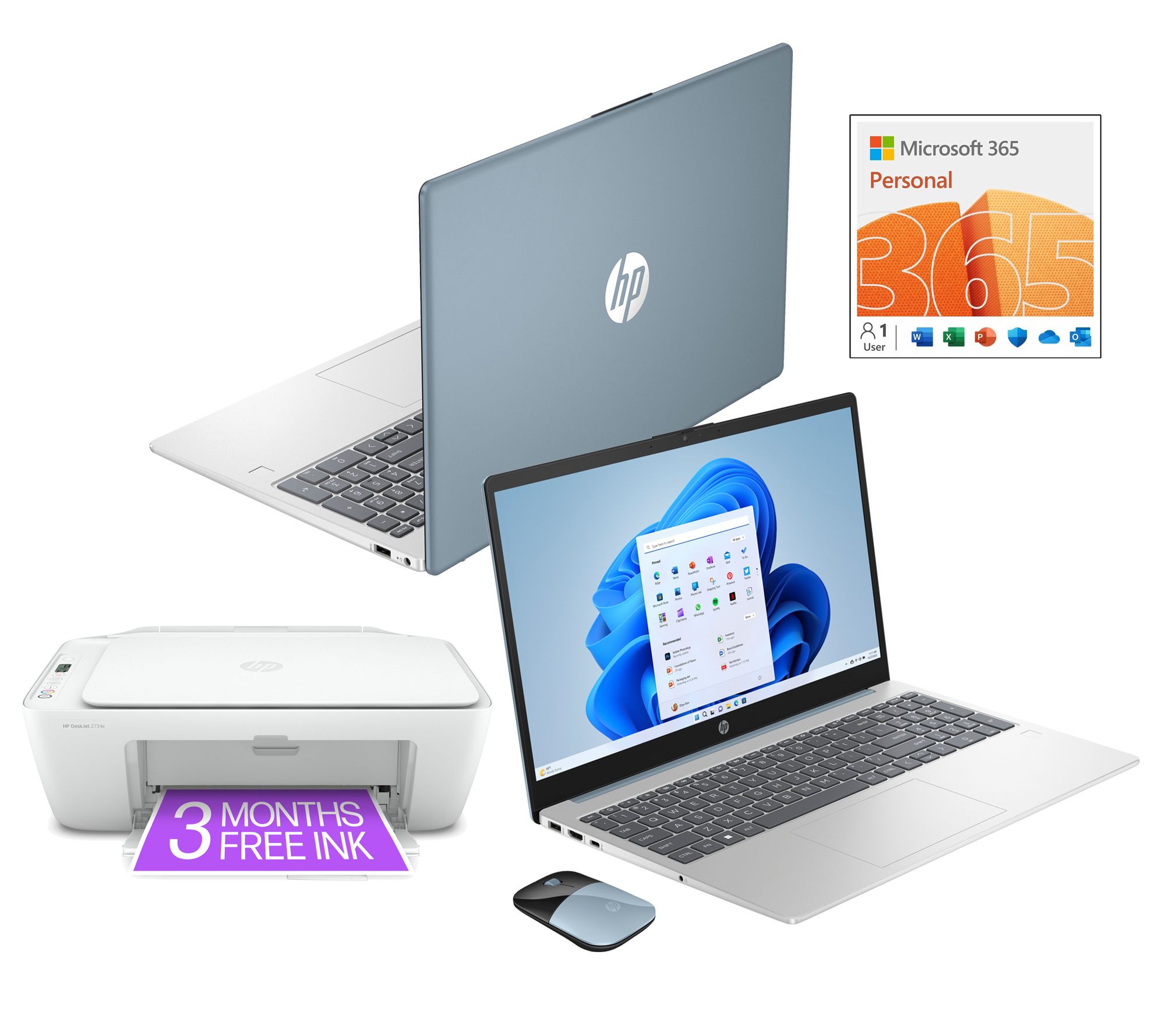 HP 15" Laptop Intel 128GB Storage with HP Printer, Mouse & MS365