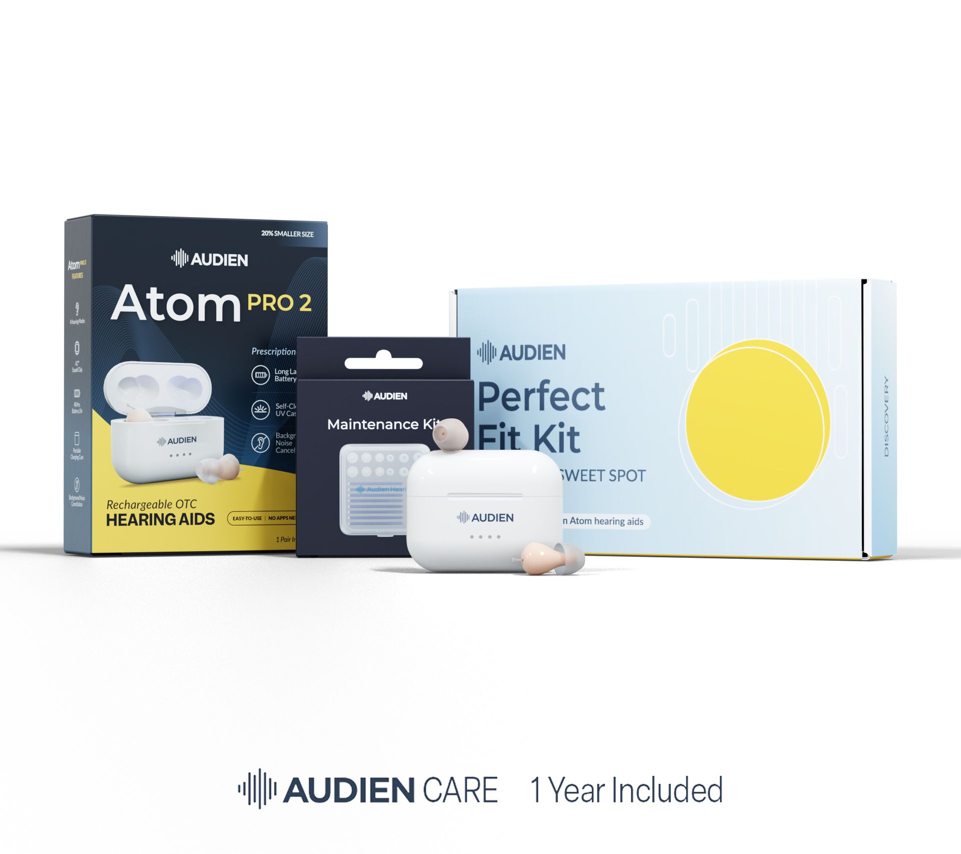 Audien Atom Pro 2 Hearing Aids with Perfect Fit Kit and Audien Care