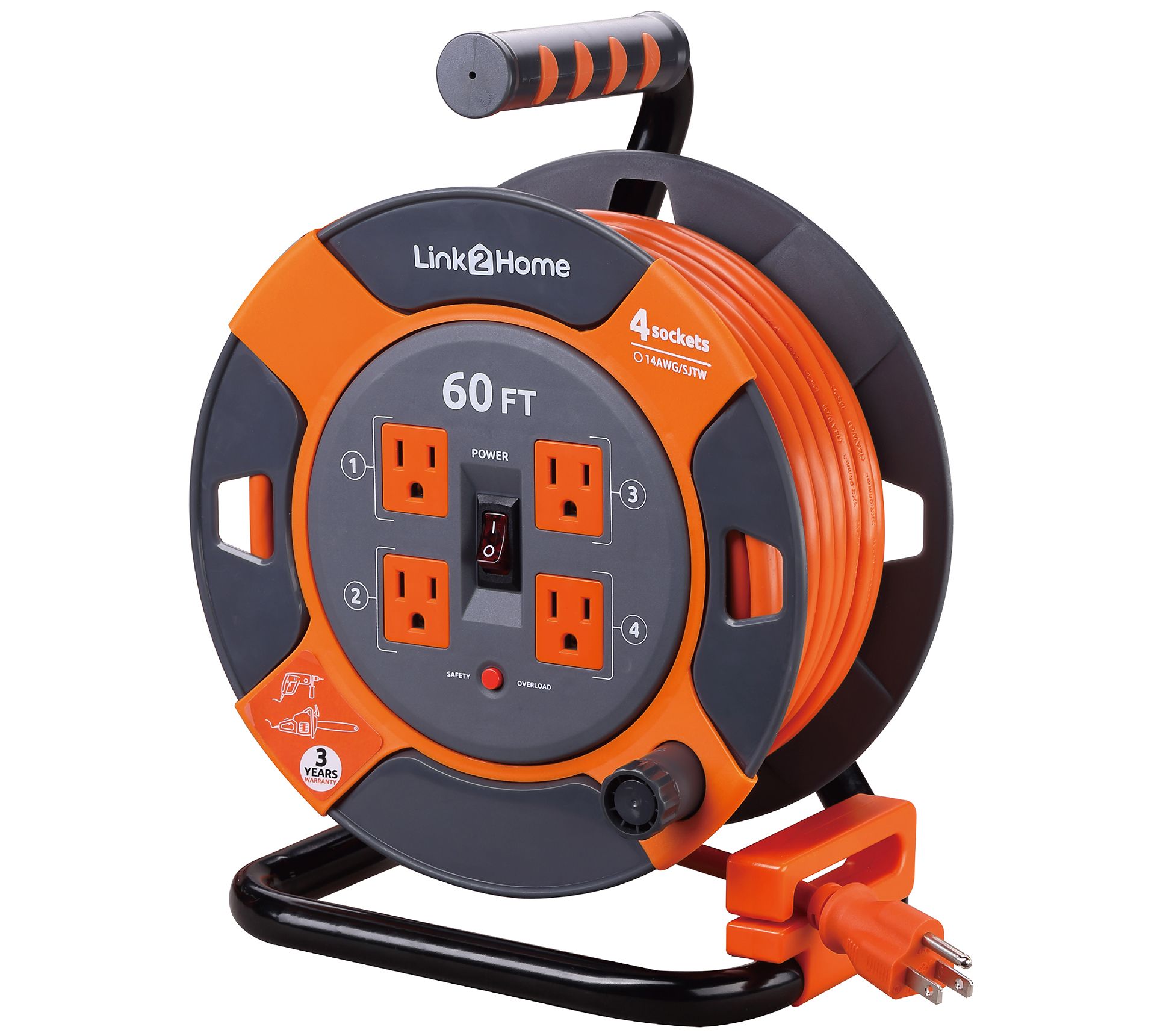 Link2Home 60' Extension Cord Reel with 4 Grouned Outlets - QVC.com