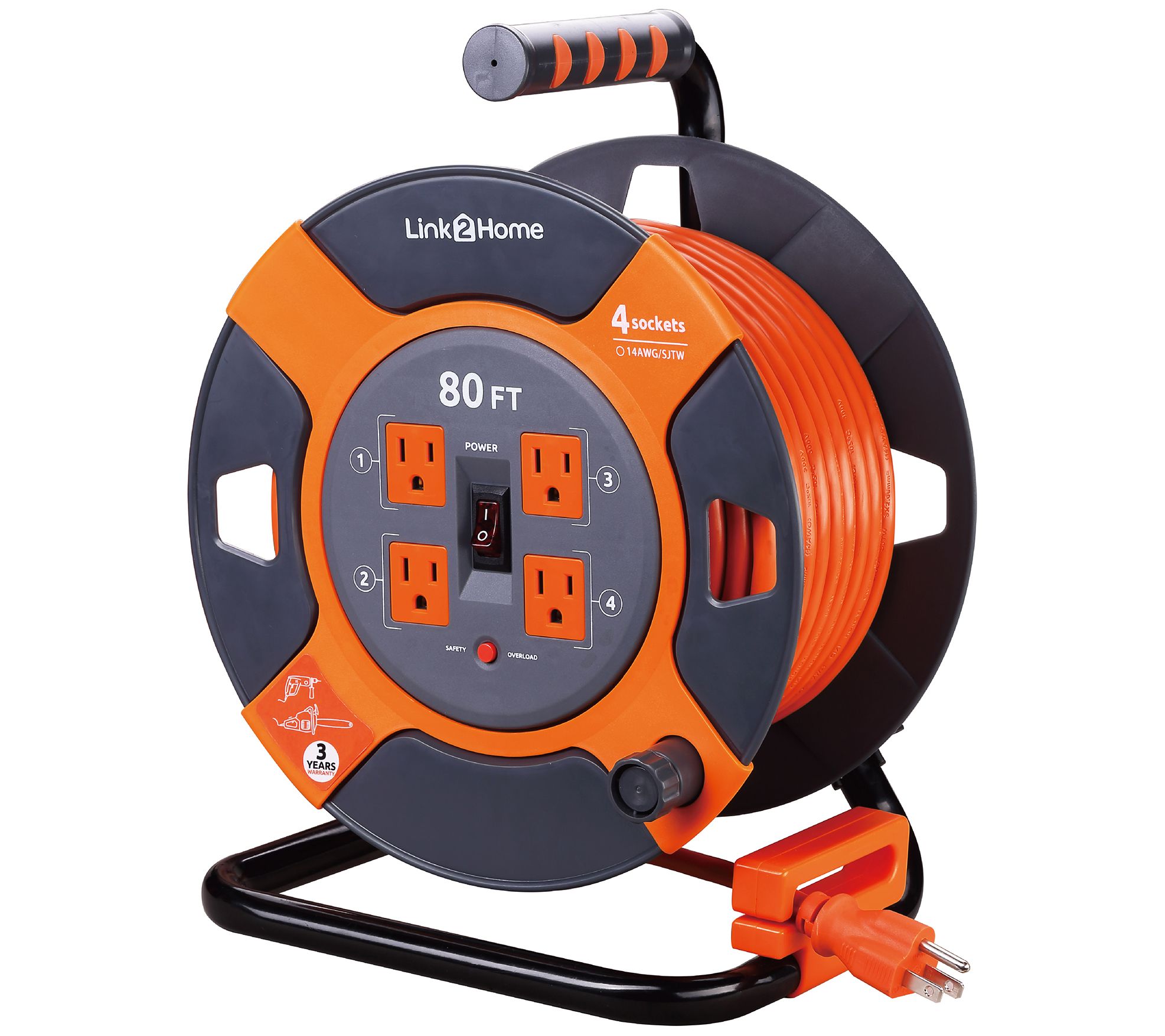 Link2Home 80' Extension Cord Reel with 4 Grouned Outlets - QVC.com