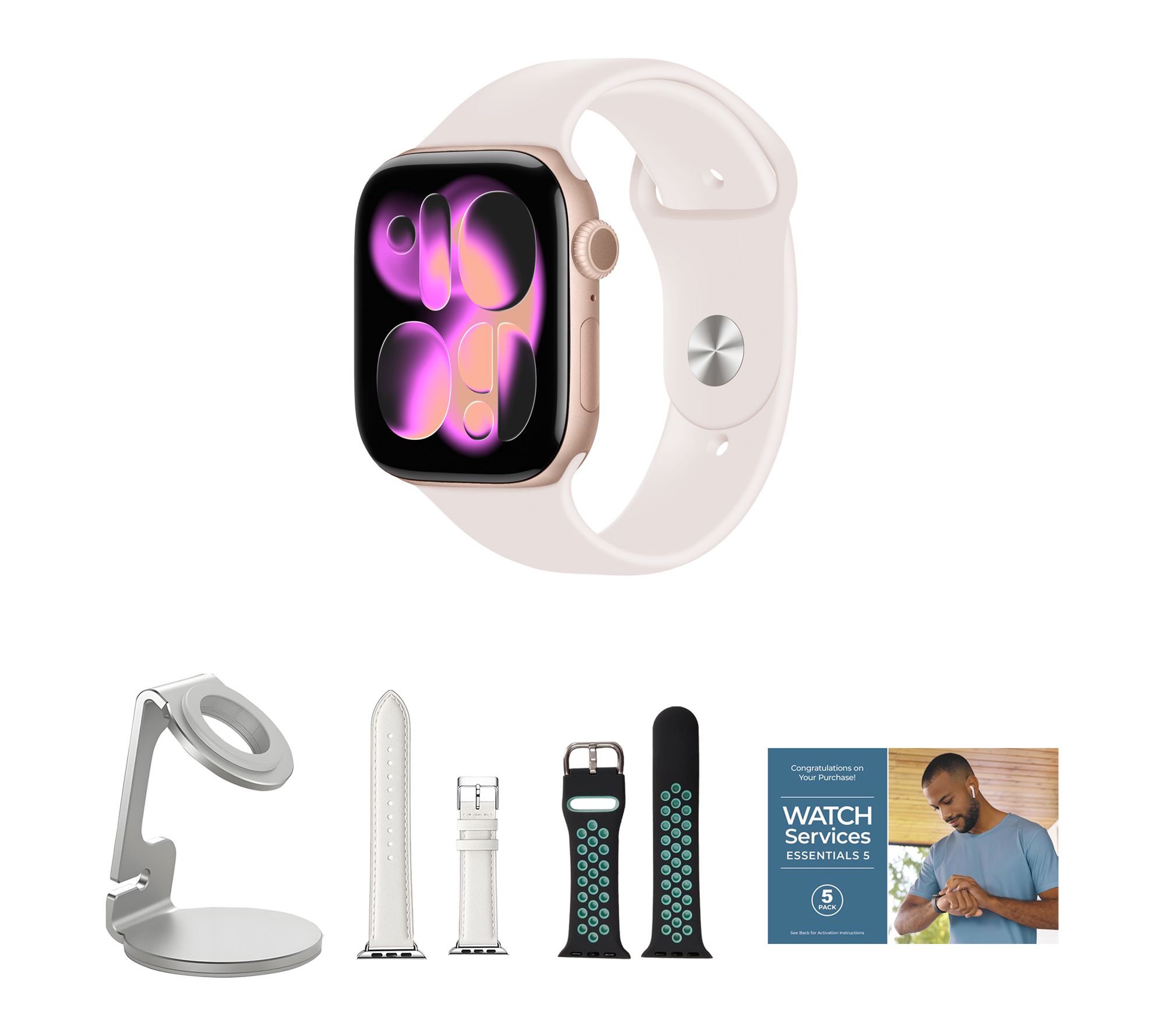 Apple Watch Ser ies 11 GPS 42mm S/M with Leath er Band & Charg ing Stand