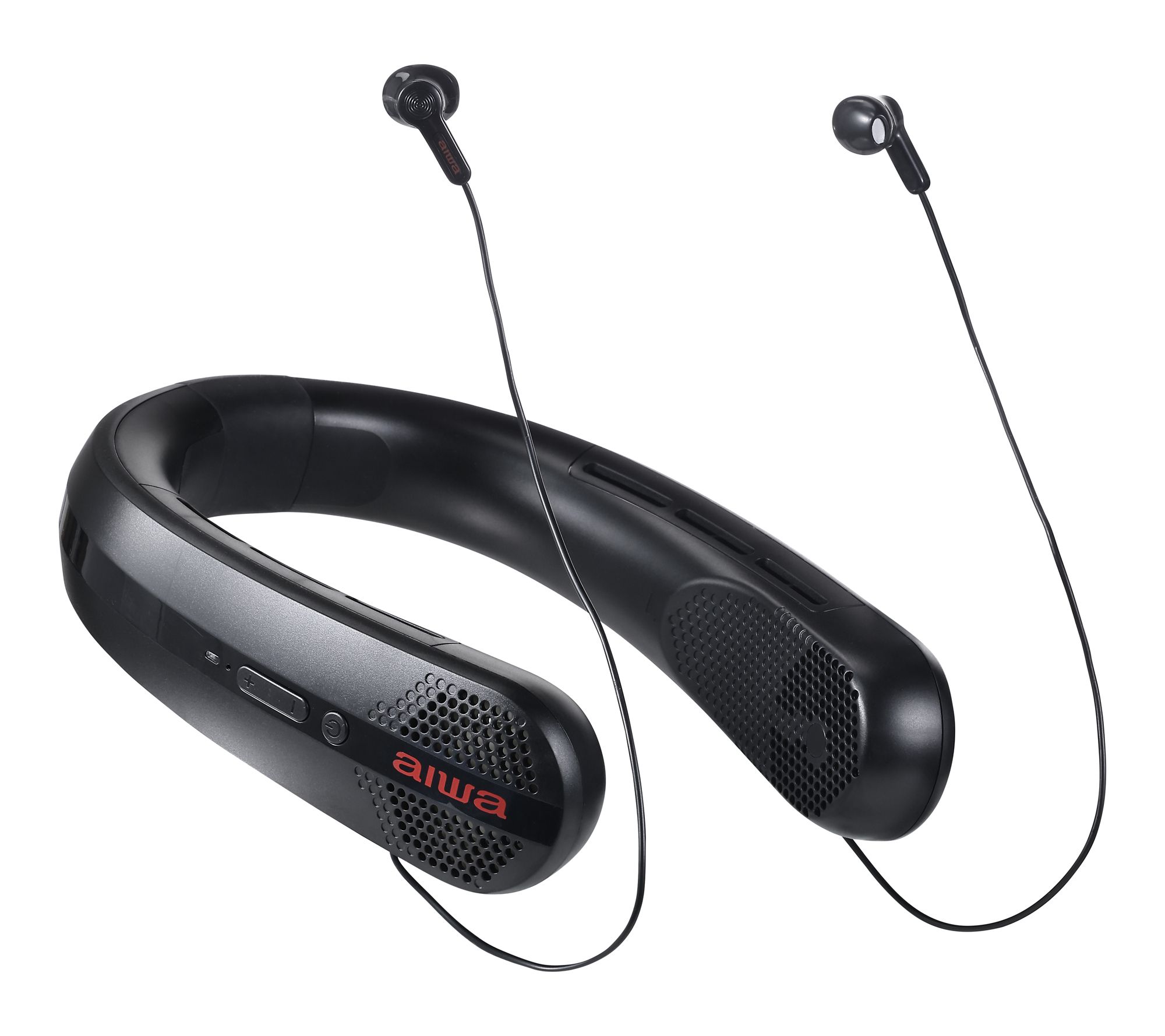  Aiwa Portable Neck Fan with Built-In Earbuds