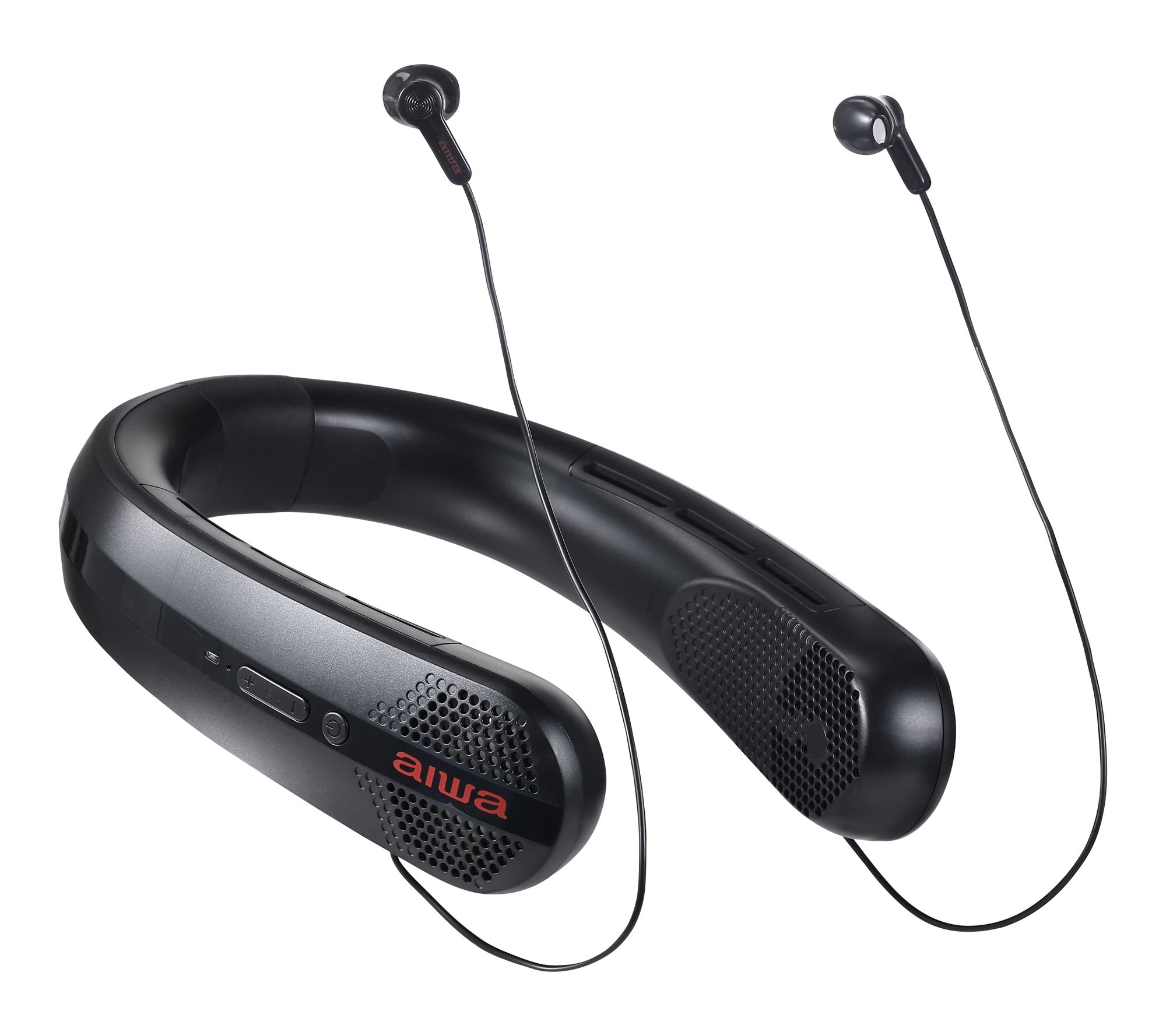 Aiwa Portable Neck Fan with Built-In Earbuds