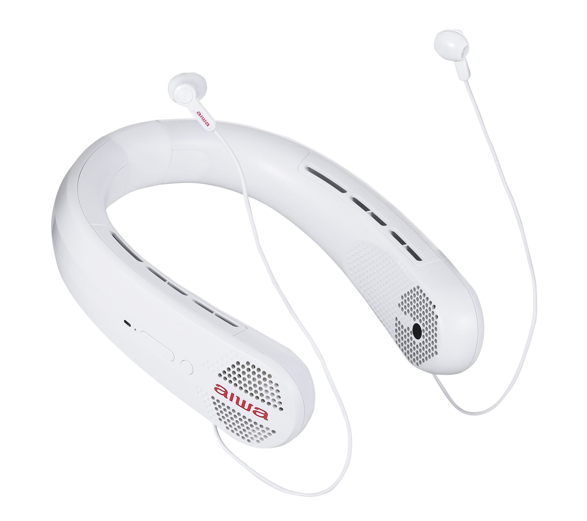 Aiwa Portable Neck Fan with Built-In Earbuds