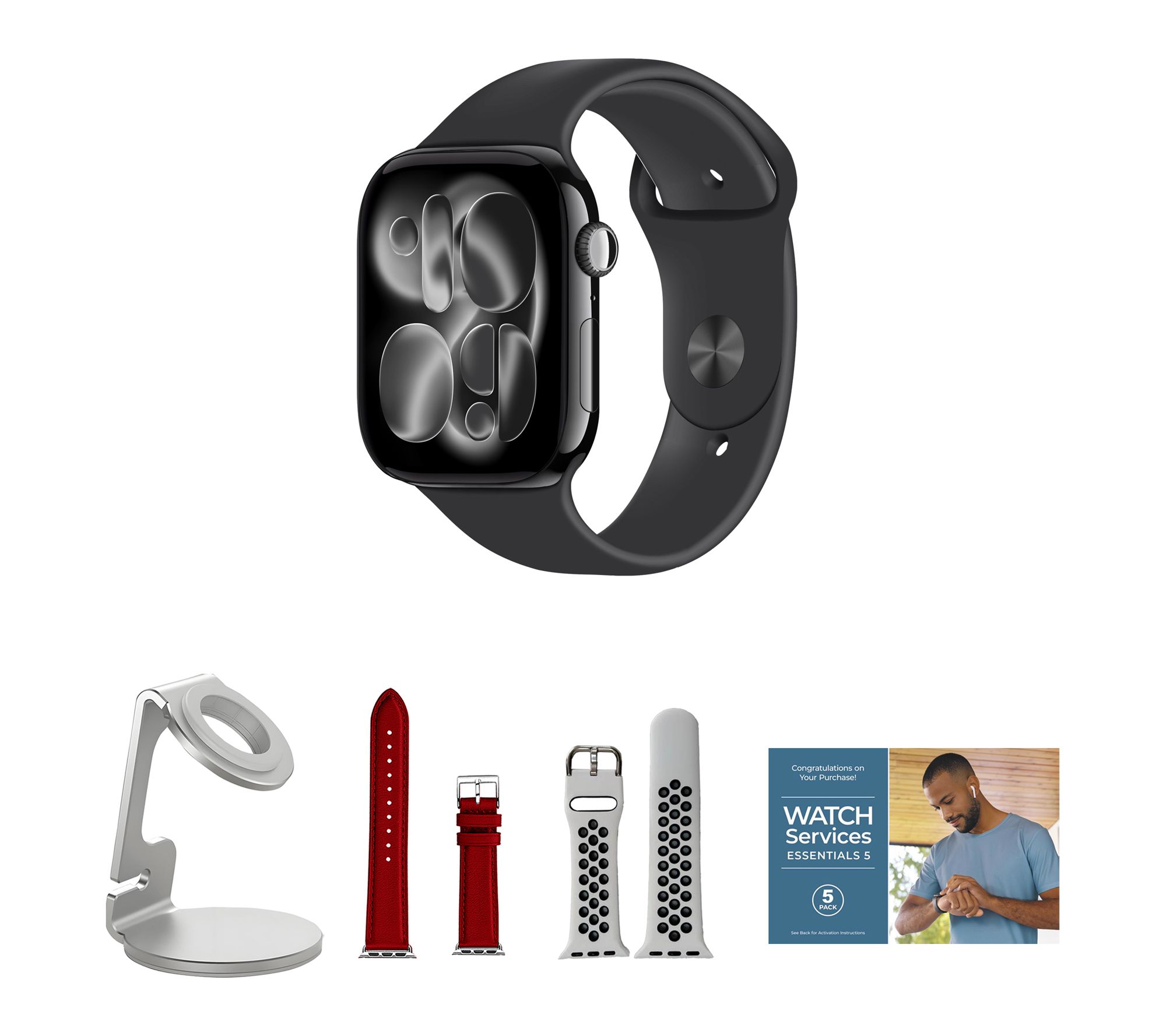 Apple Watch Ser ies 11 GPS 46mm M/L with Leath er Band & Charg ing Stand