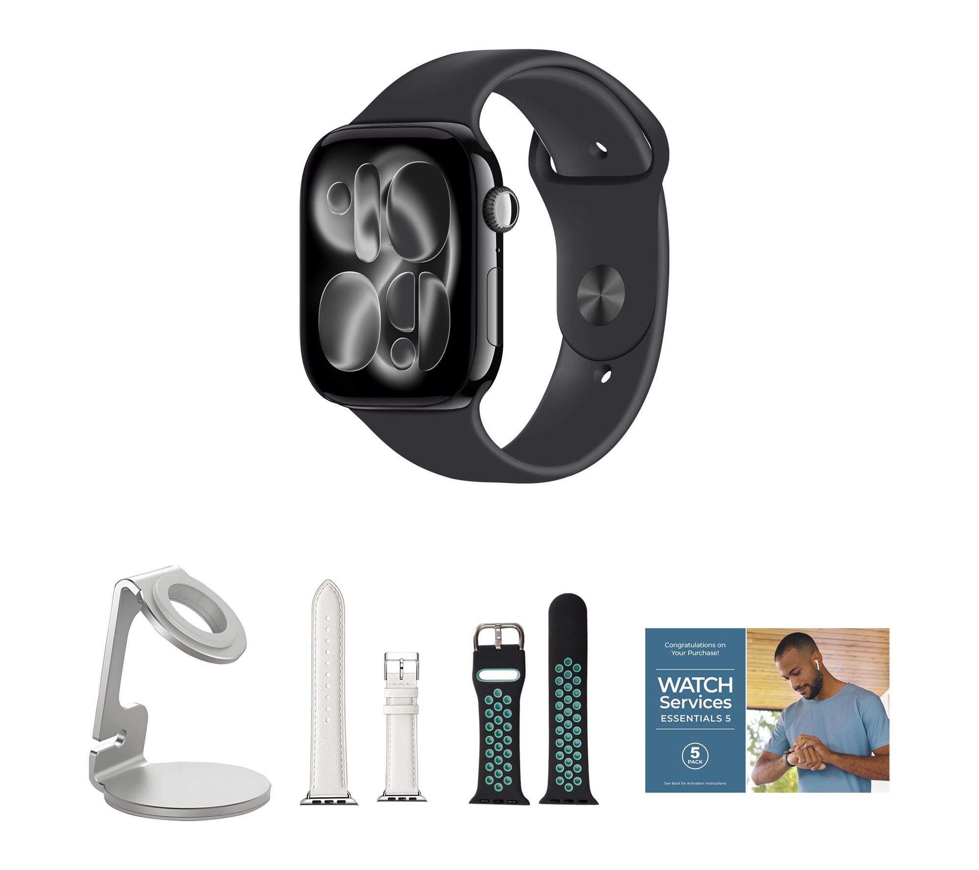 Apple Watch Ser ies 11 GPS 46mm M/L with Leath er Band & Charg ing Stand