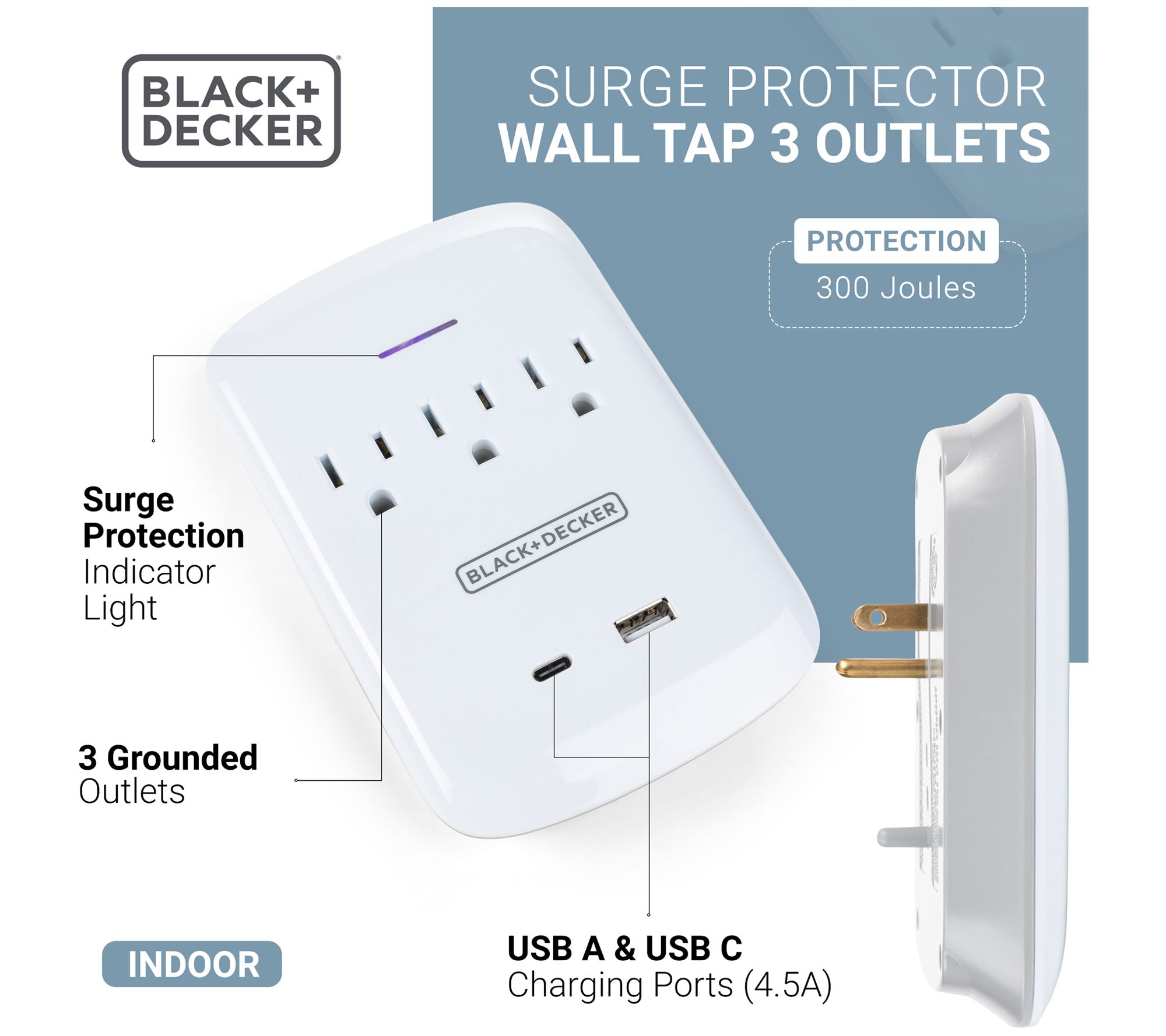 BLACK DECKER Surge Protector Wall Mount w 3 Outlets 2 USB QVC