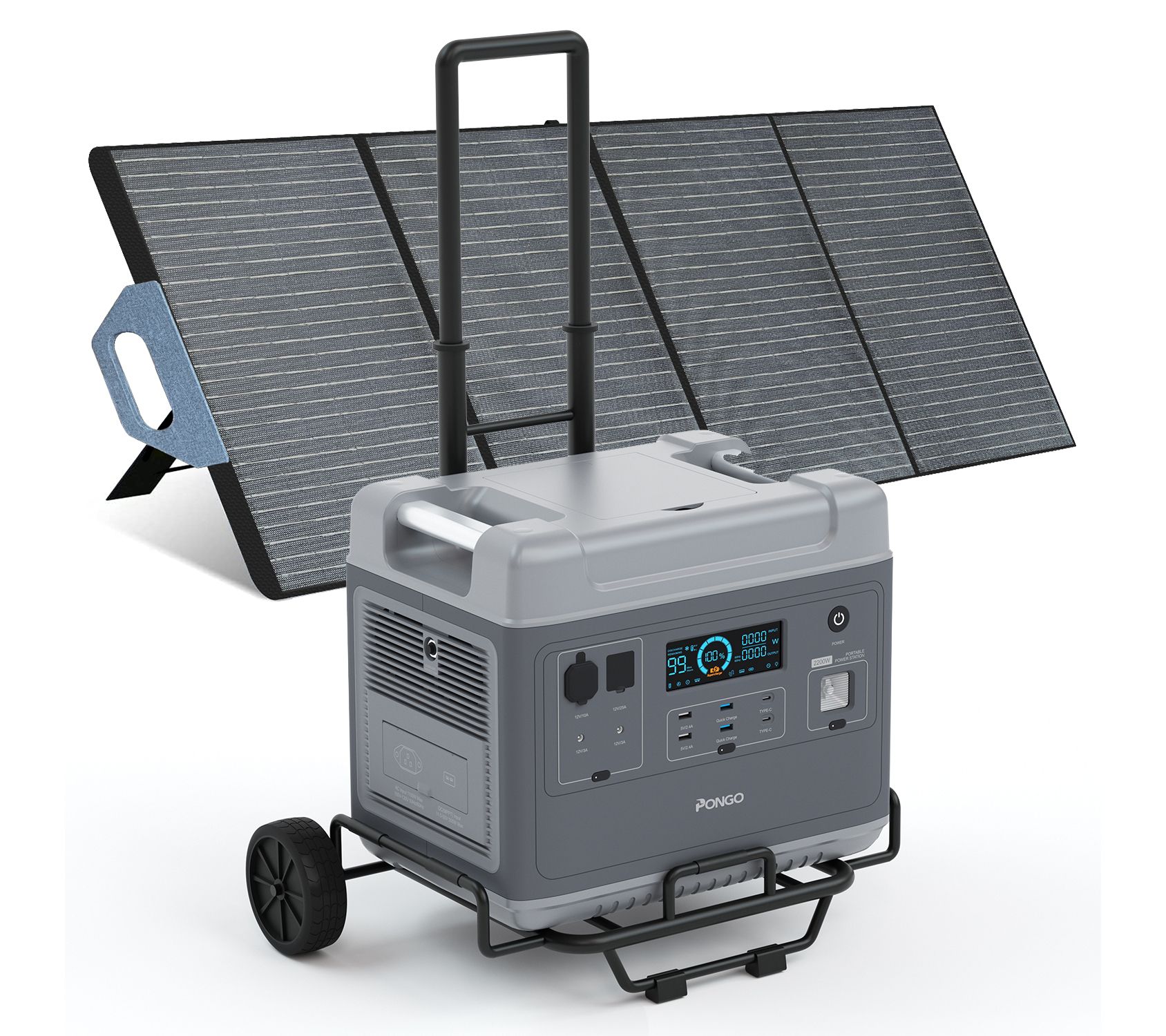 Pongo 2000 Power Station w/ Folding Hand Truck & 120W Solar Panel