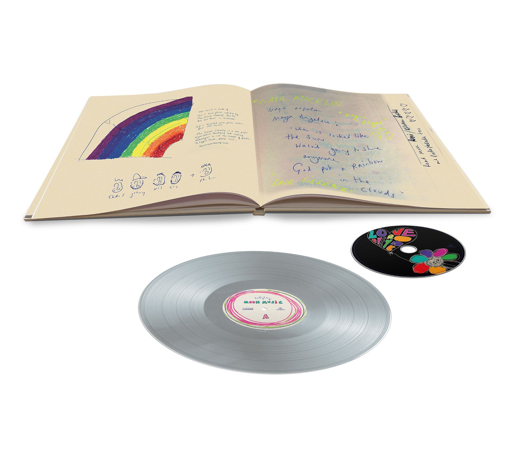 COLDPLAY MOON MUSIC SIGNED ART CARD TRANSLUCENT PINK ECO RECORD VINYL FIRST  EDIT