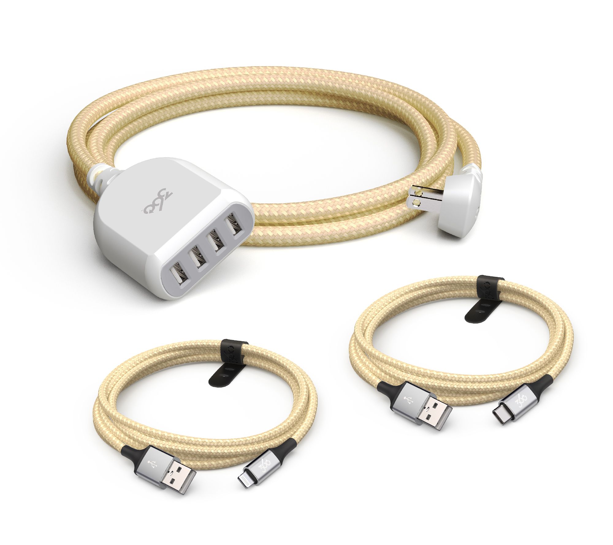 360 Electrical 4-Port USB Hub w/ 6' Braided Cord & (2) 4' Charging Cables