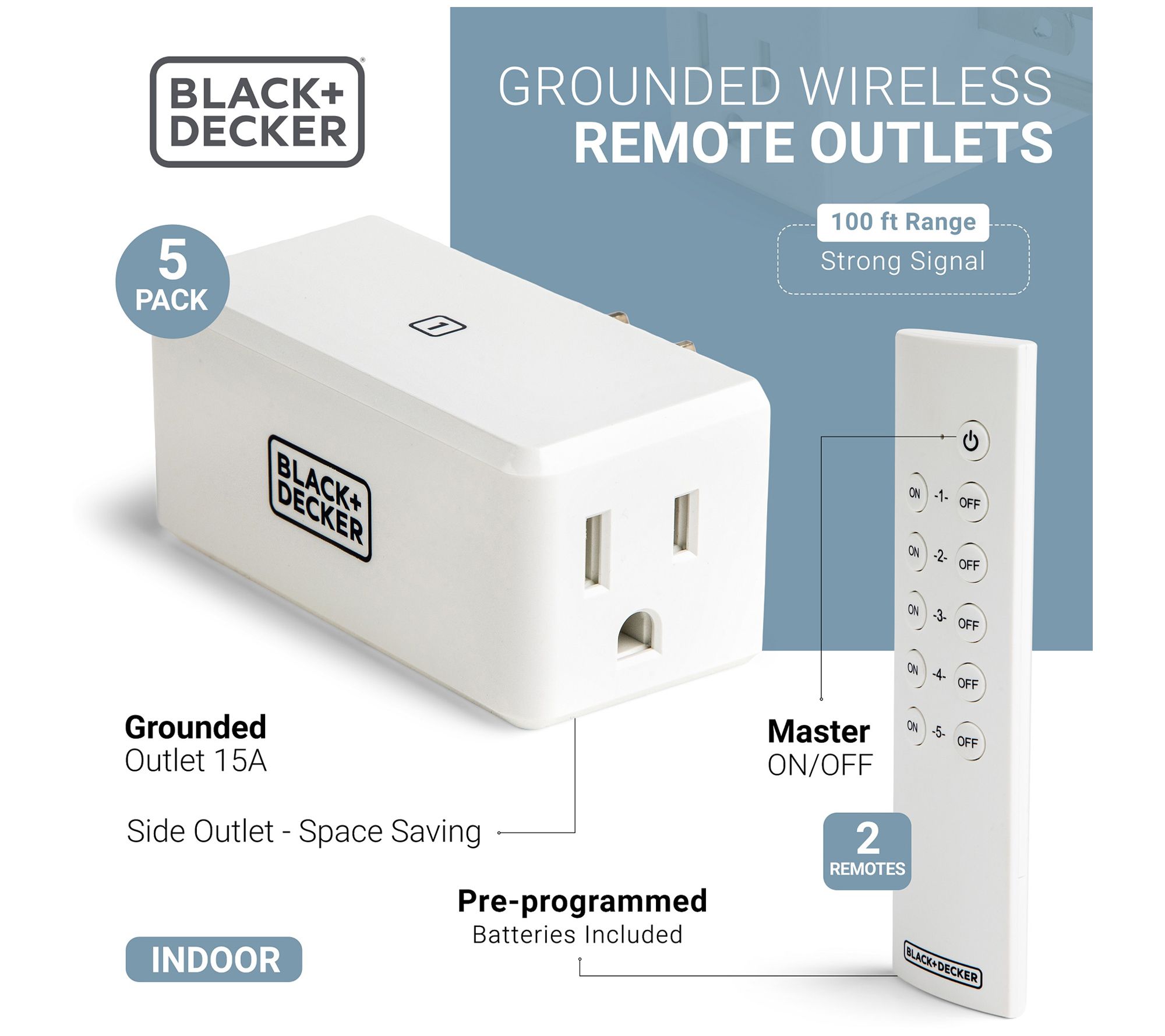 BLACK + DECKER Set of 5 Outlets w/ 2 Wireless R emote-Controls 