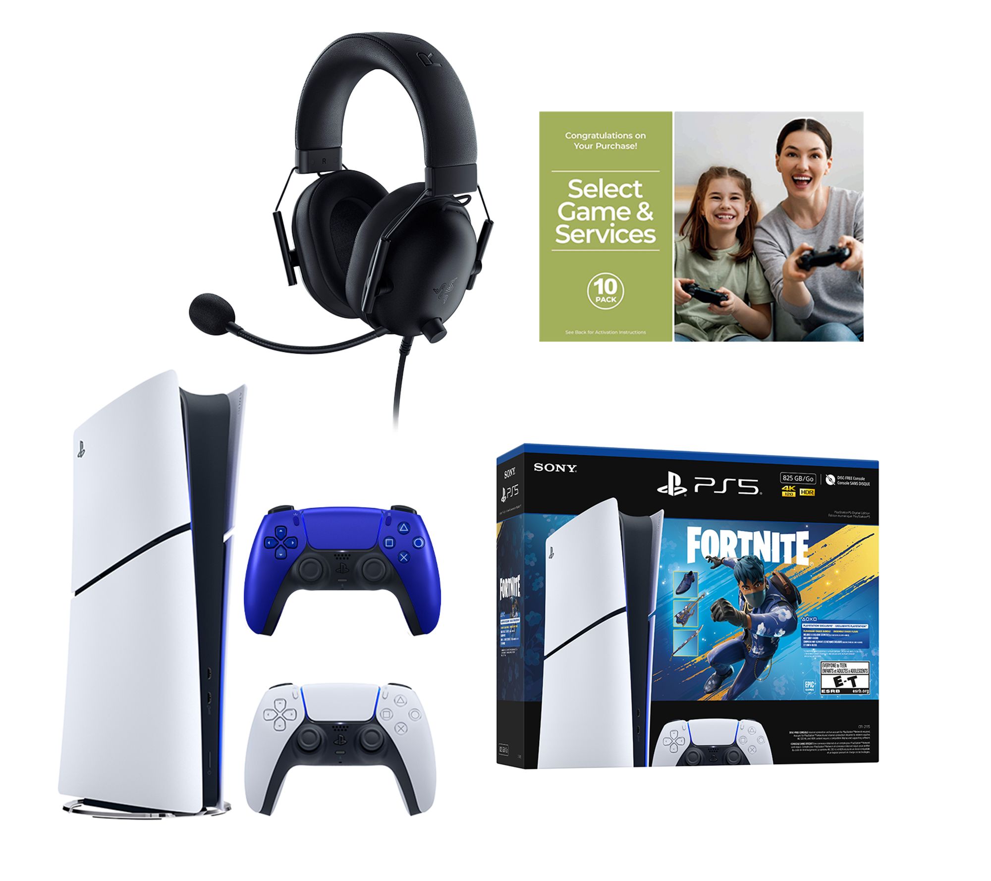 PS5 Disc Console with Fortnite, Razer Headset, Extra Controller
