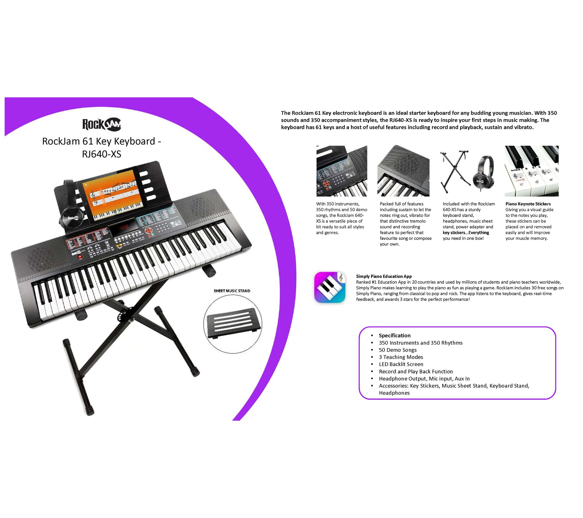 RockJam 61 Key Teaching Keyboard with Stand, Stool, Pedal & Headphones