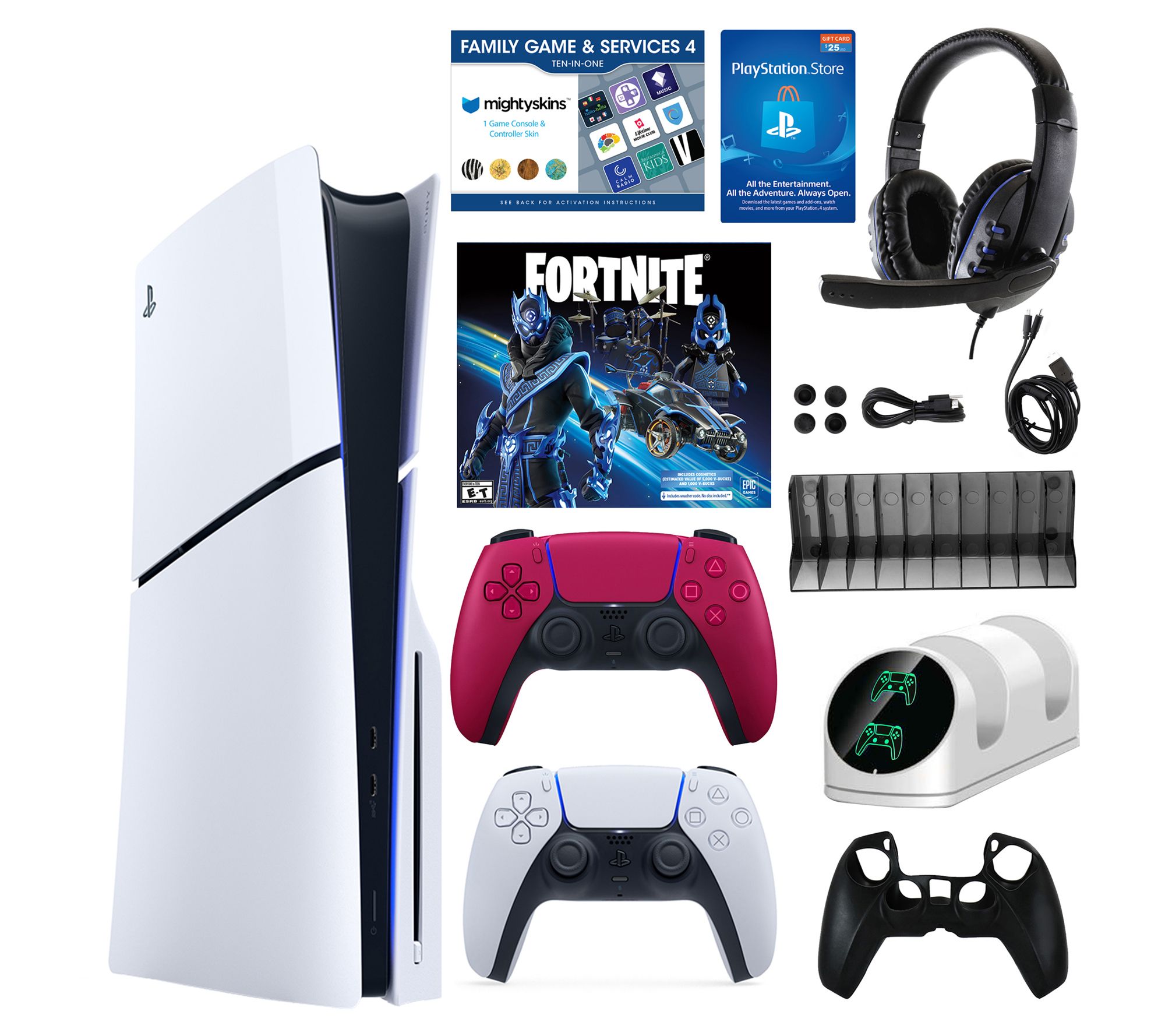 PS5 Slim Disc Console with Fortnite Accs. Pack and 2 Controllers