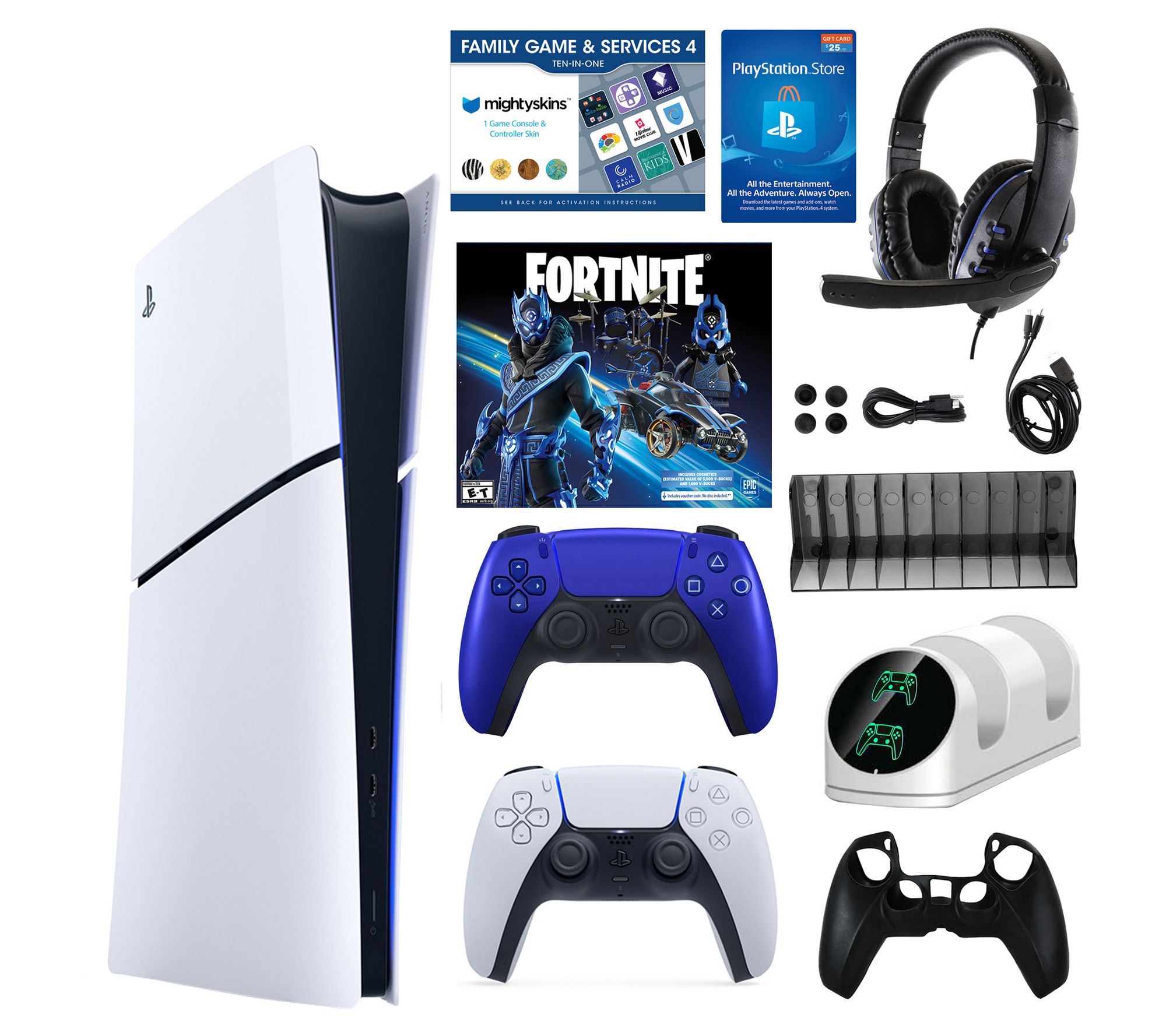 PS5 Slim Digital Console w/ Fortnite Accs. Pack and 2 Controllers