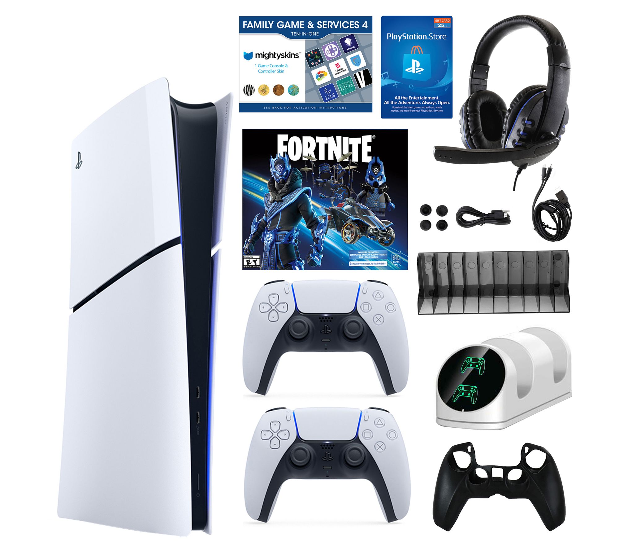PS5 Slim Digital Console w/ Fortnite Accs. Pack and 2 Controllers