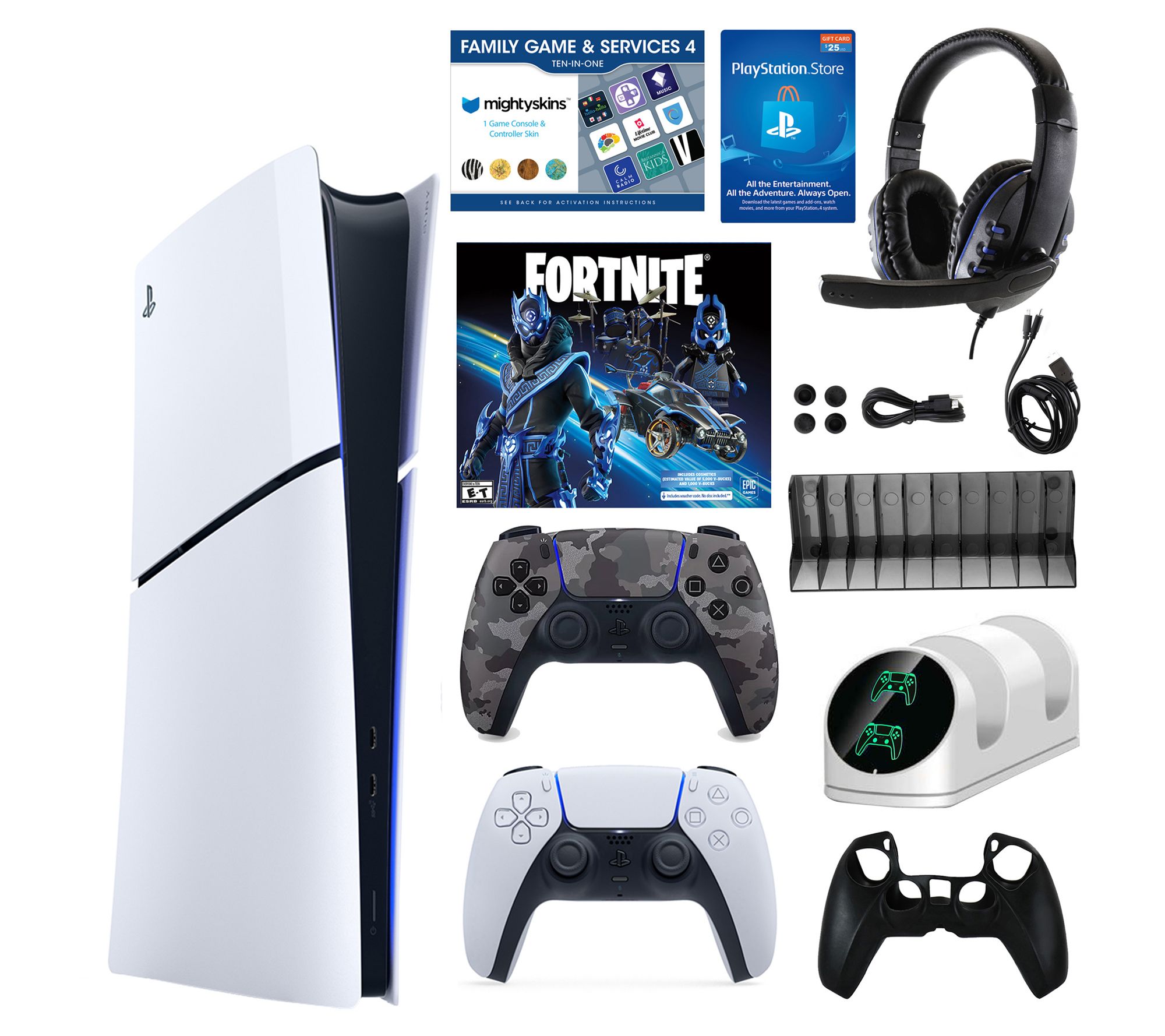 PS5 Slim Digital Console w/ Fortnite Accs. Pack and 2 Controllers