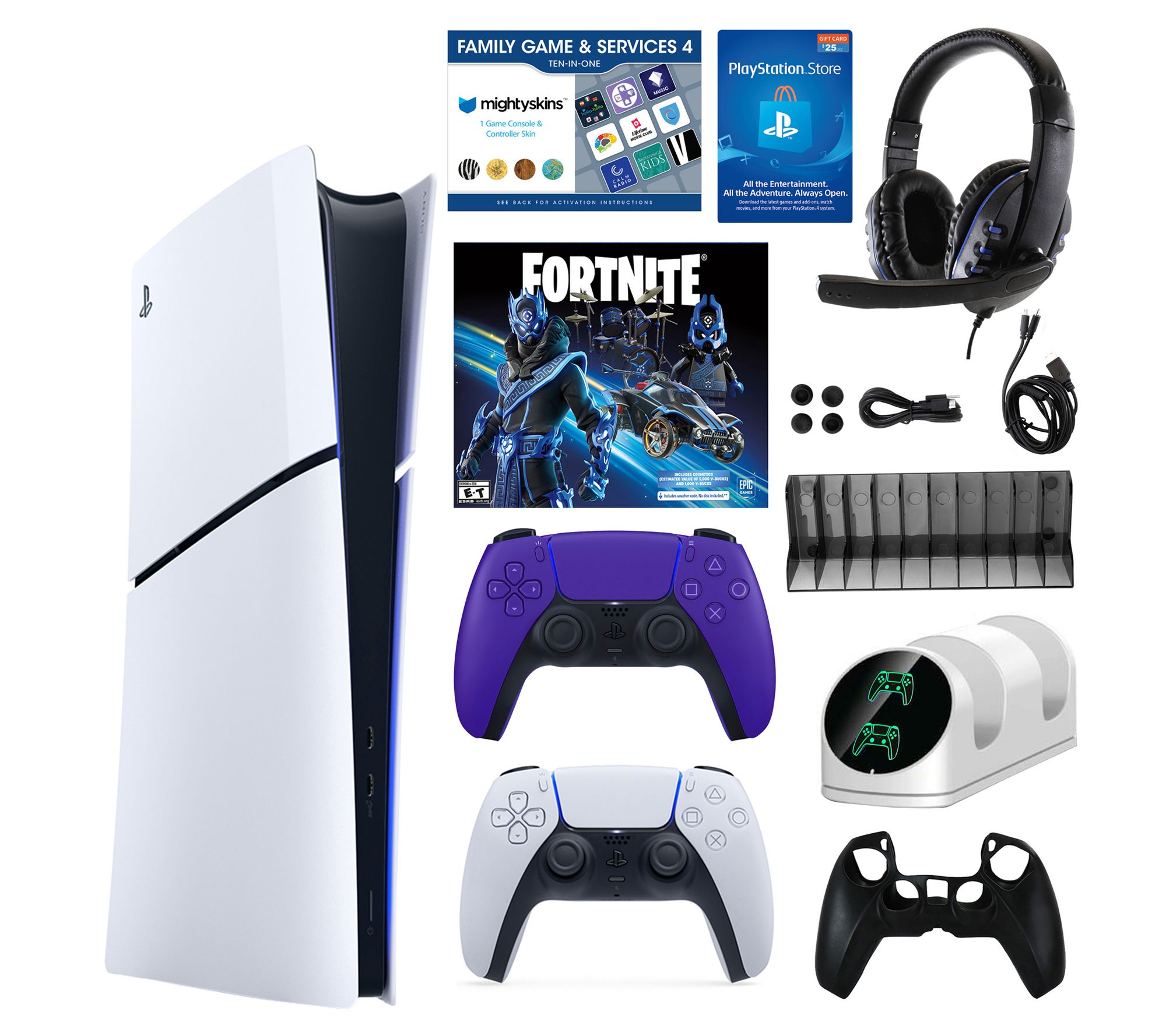PS5 Slim Digital Console w/ Fortnite Accs. Pack and 2 Controllers