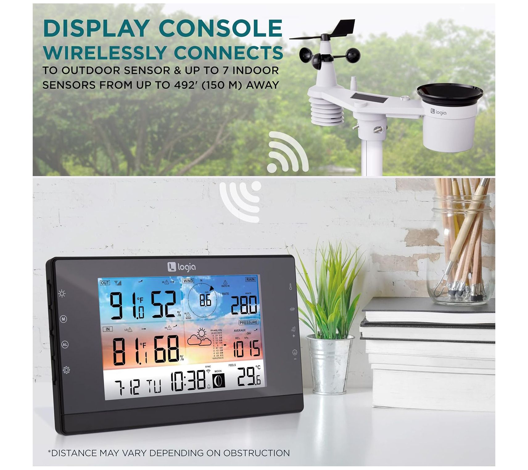 Logia 7-in-1 Wireless Weather Station with 4-Day Forecast, Wi-Fi, Solar Cell & Large Color Display Console